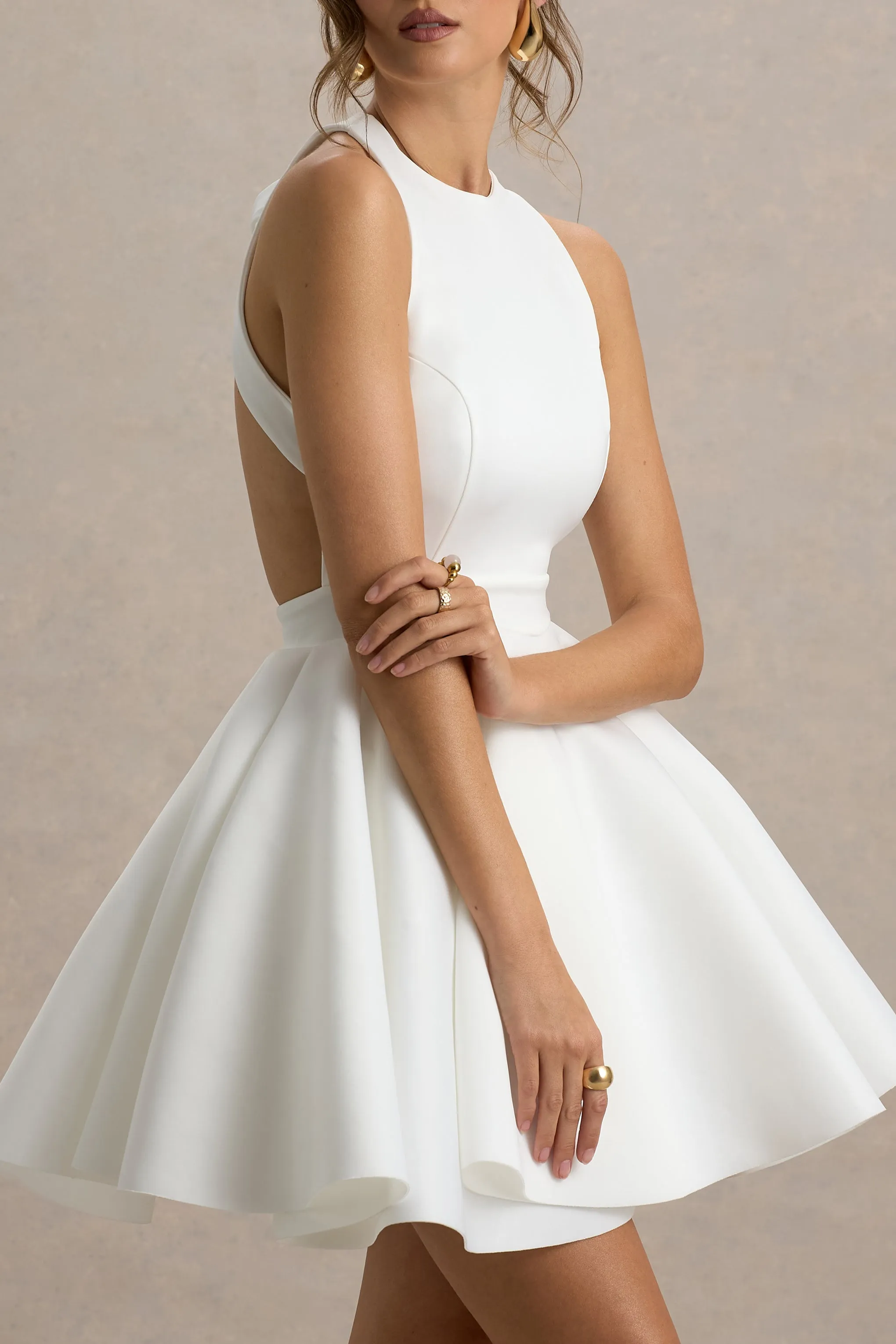 Waverly | White Racer-Neck Sleeveless Skater Mini Dress Club L London