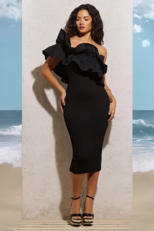 When In Rome | Black Asymmetric Ruffle Midi Dress Club L London