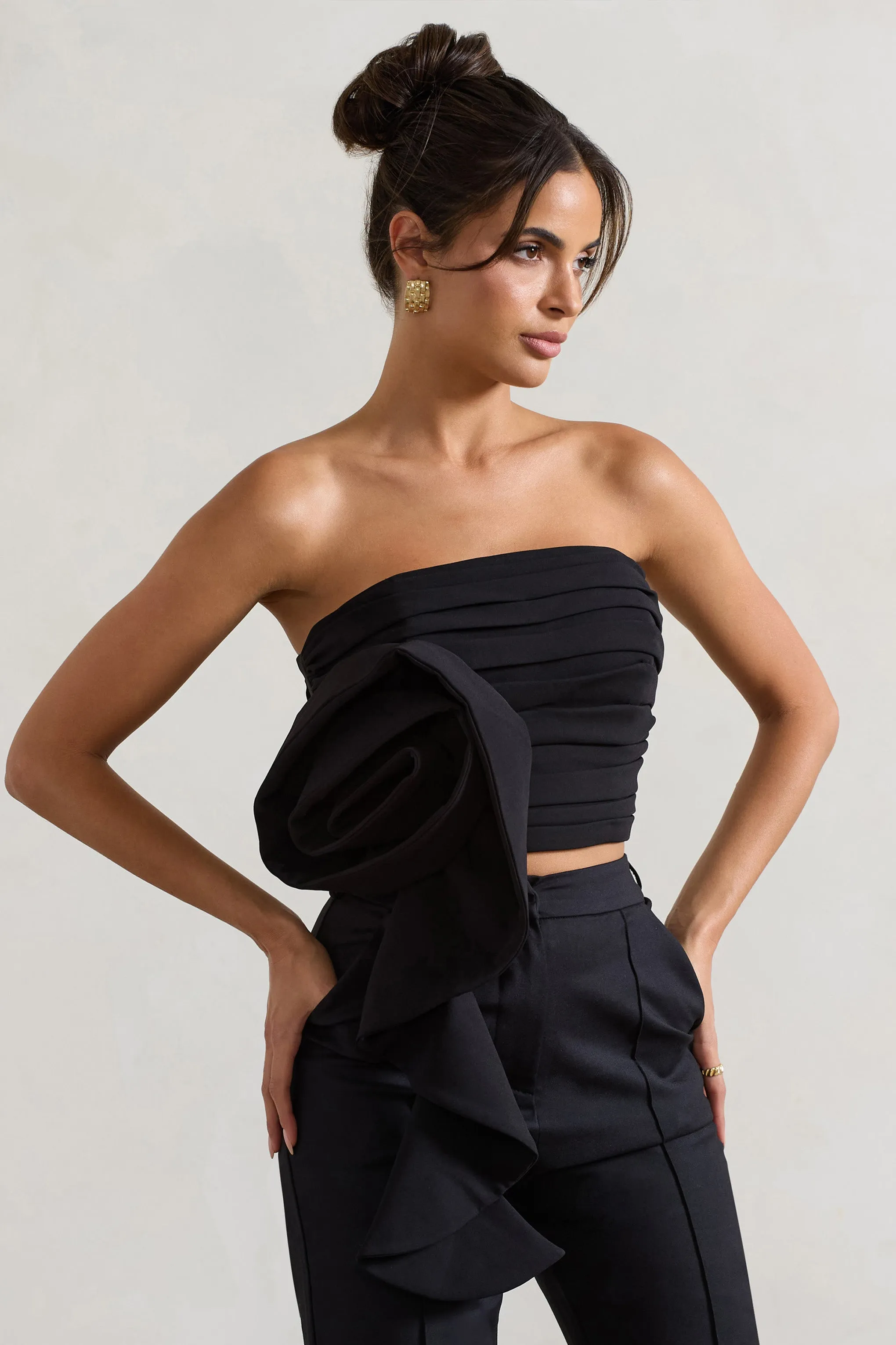 Whirlwind | Black Strappy Top With Oversized Ruffle Detail Club L London