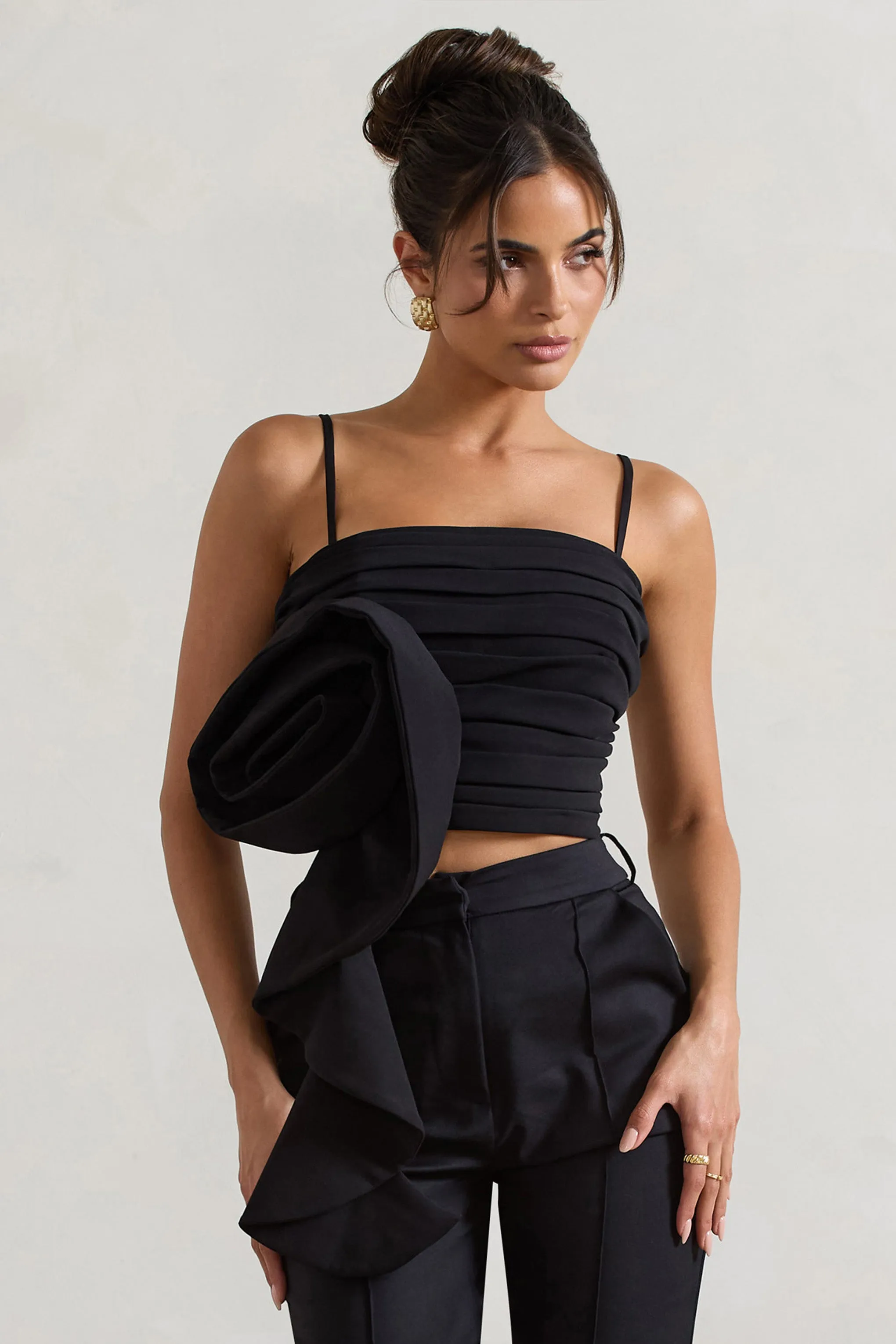 Whirlwind | Black Strappy Top With Oversized Ruffle Detail Club L London