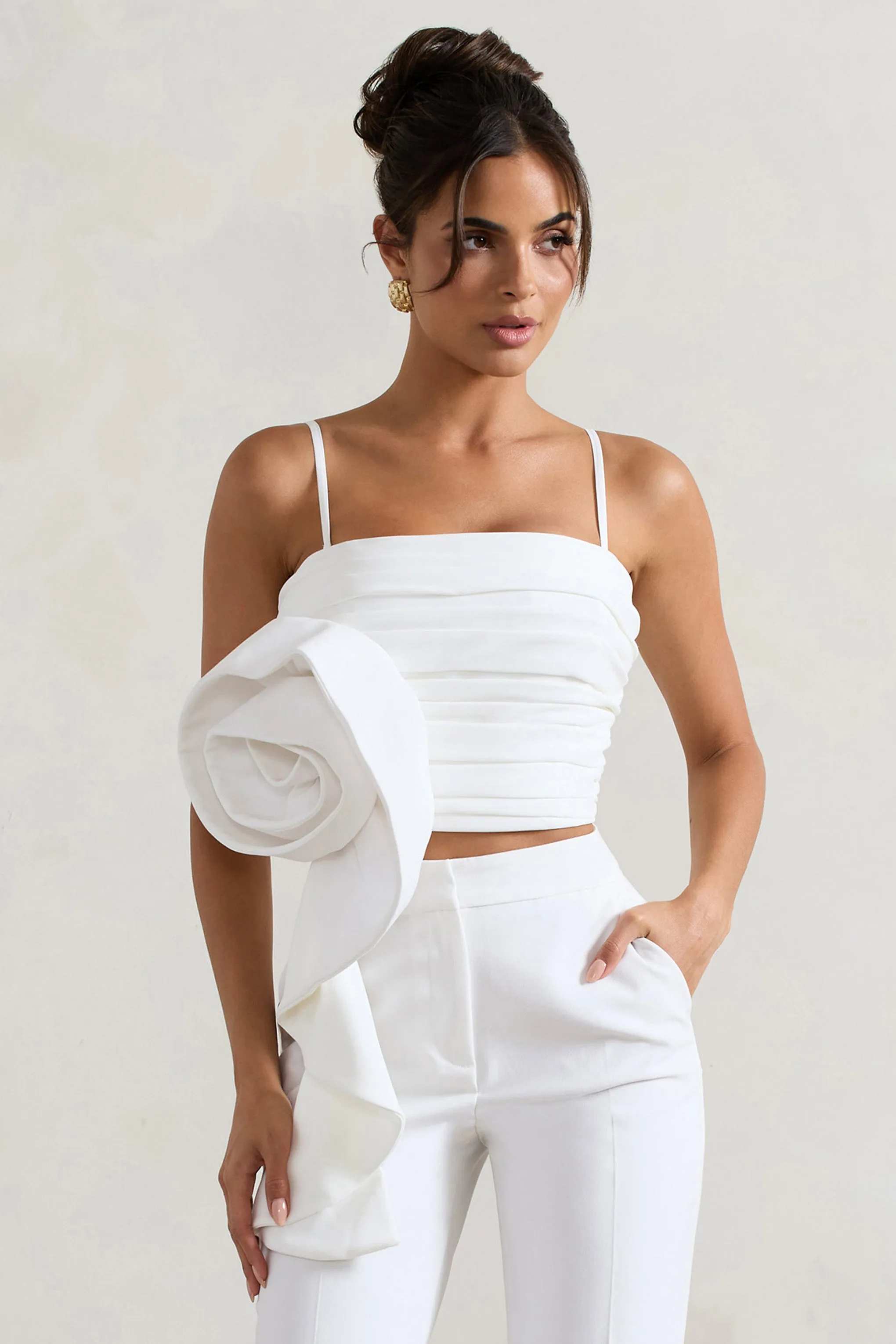 Whirlwind | White Strappy Top With Oversized Ruffle Detail Club L London