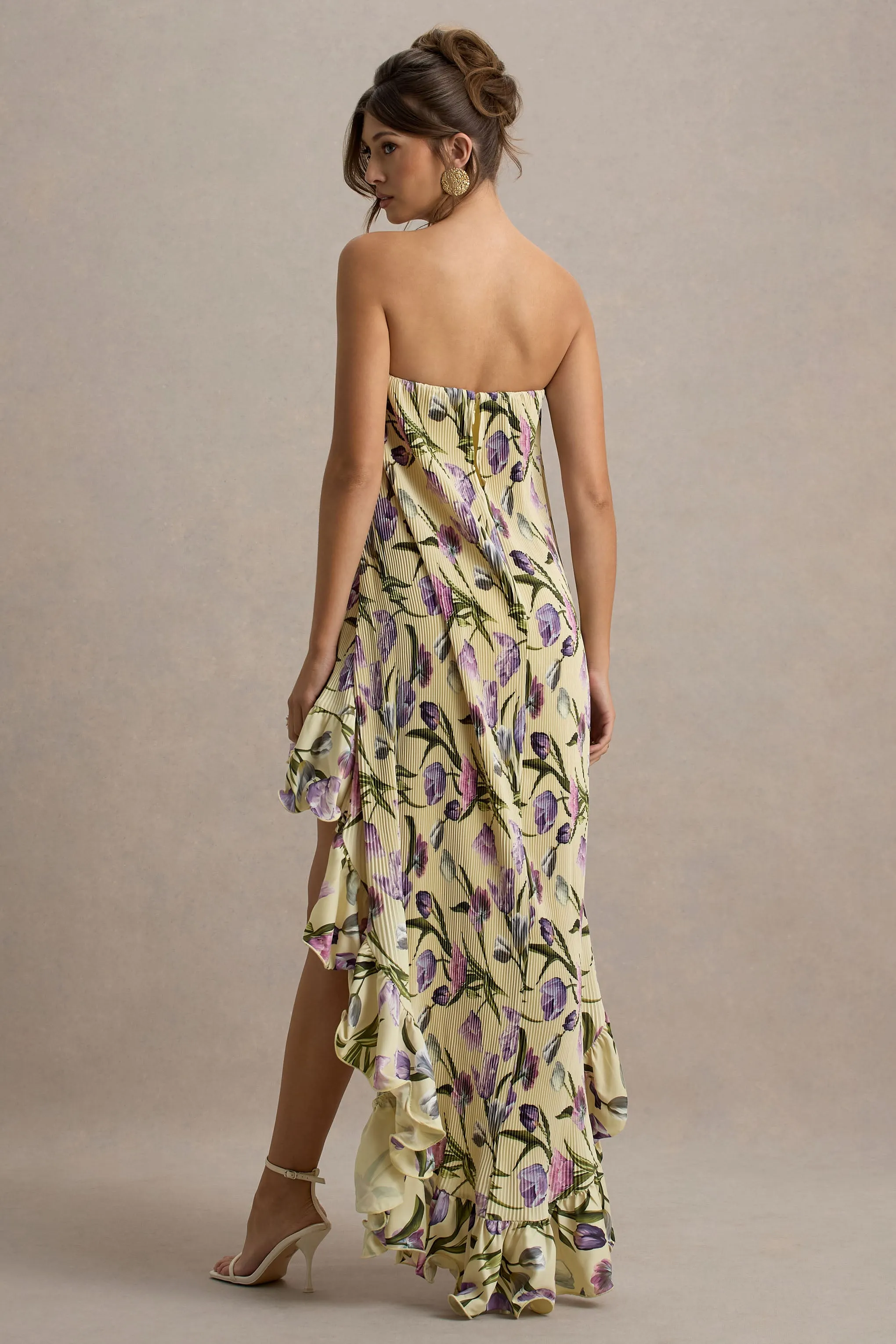 Whistler | Tulip Floral Print Chiffon Bandeau High-Low Ruffled Maxi Dress Club L London