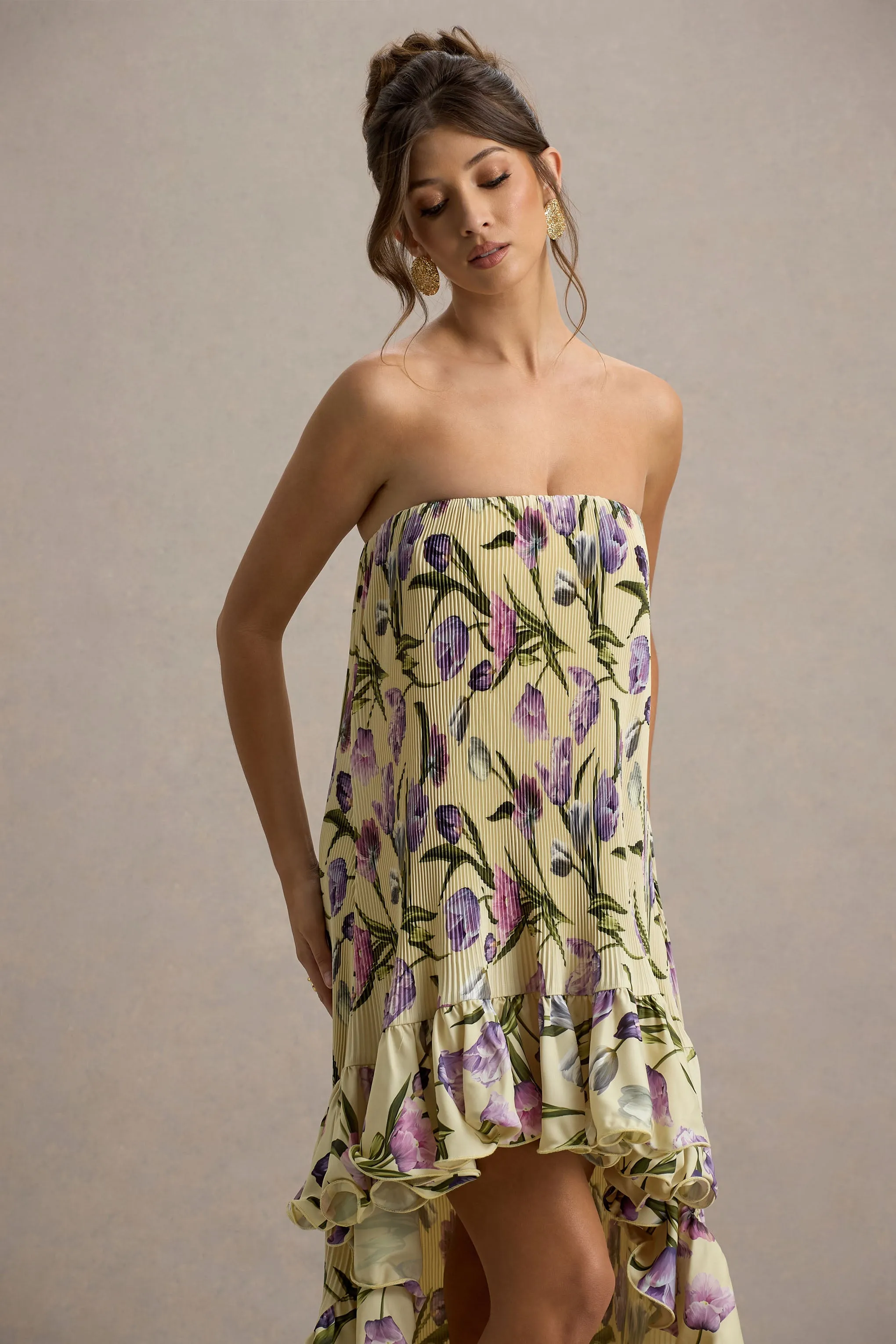 Whistler | Tulip Floral Print Chiffon Bandeau High-Low Ruffled Maxi Dress Club L London