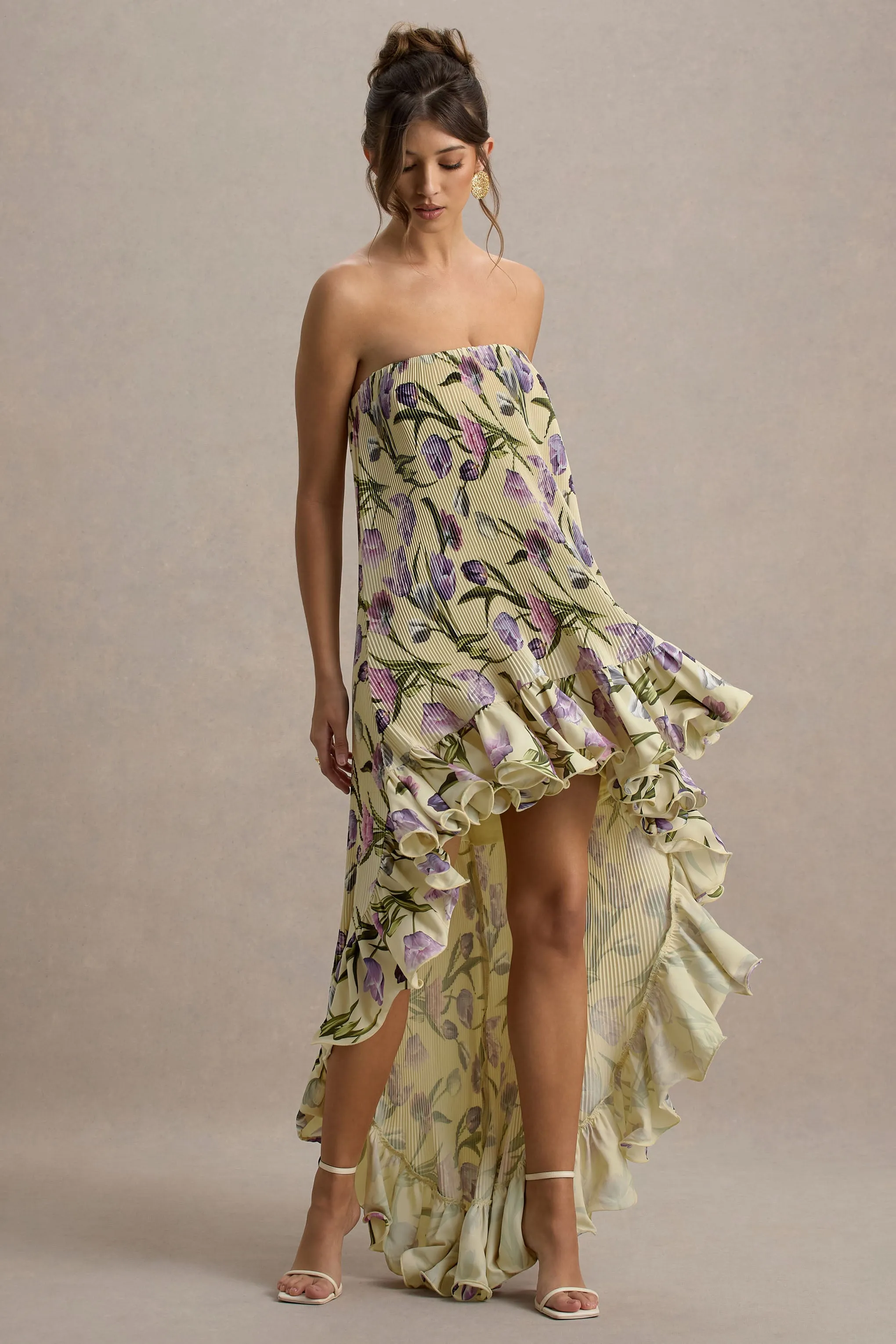 Whistler | Tulip Floral Print Chiffon Bandeau High-Low Ruffled Maxi Dress Club L London