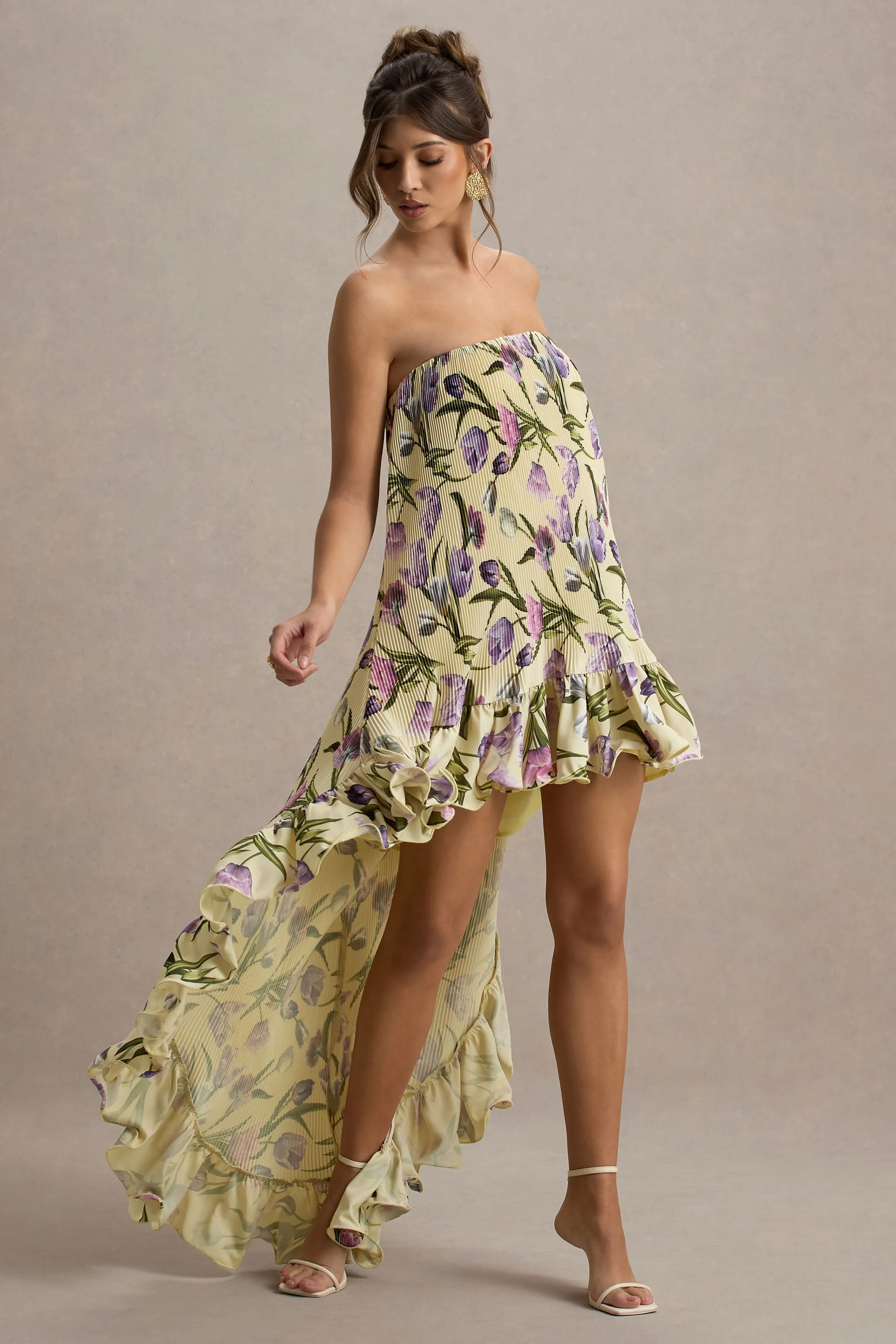 Whistler | Tulip Floral Print Chiffon Bandeau High-Low Ruffled Maxi Dress Club L London