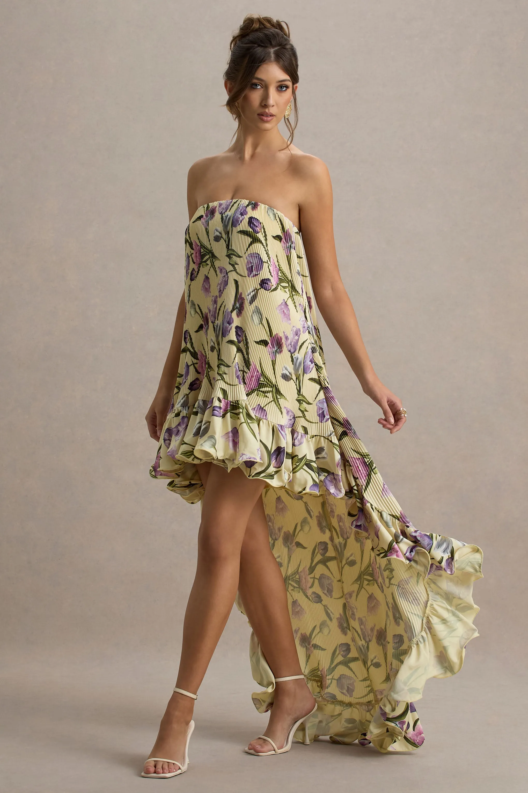 Whistler | Tulip Floral Print Chiffon Bandeau High-Low Ruffled Maxi Dress Club L London
