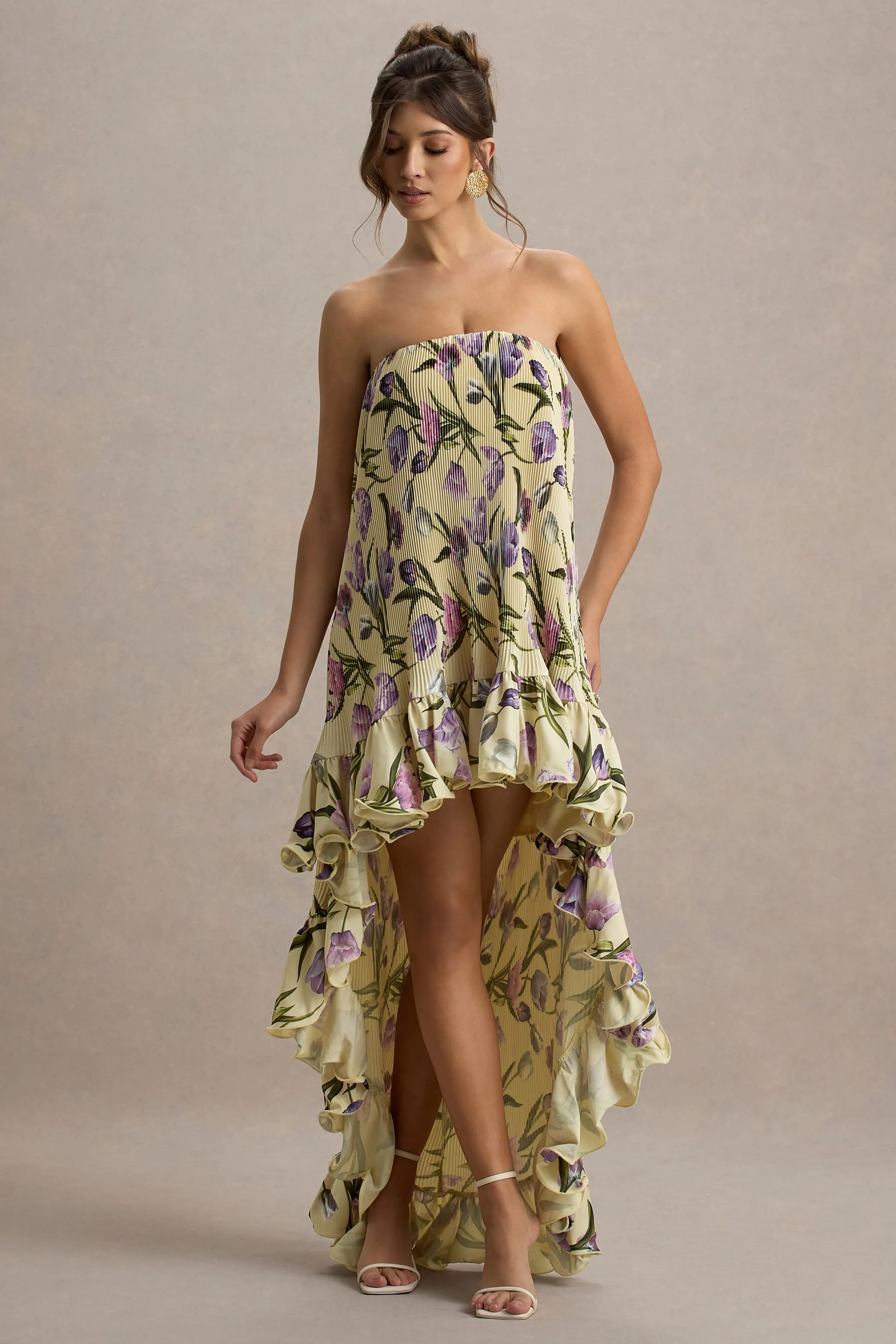 Whistler | Tulip Floral Print Chiffon Bandeau High-Low Ruffled Maxi Dress Club L London