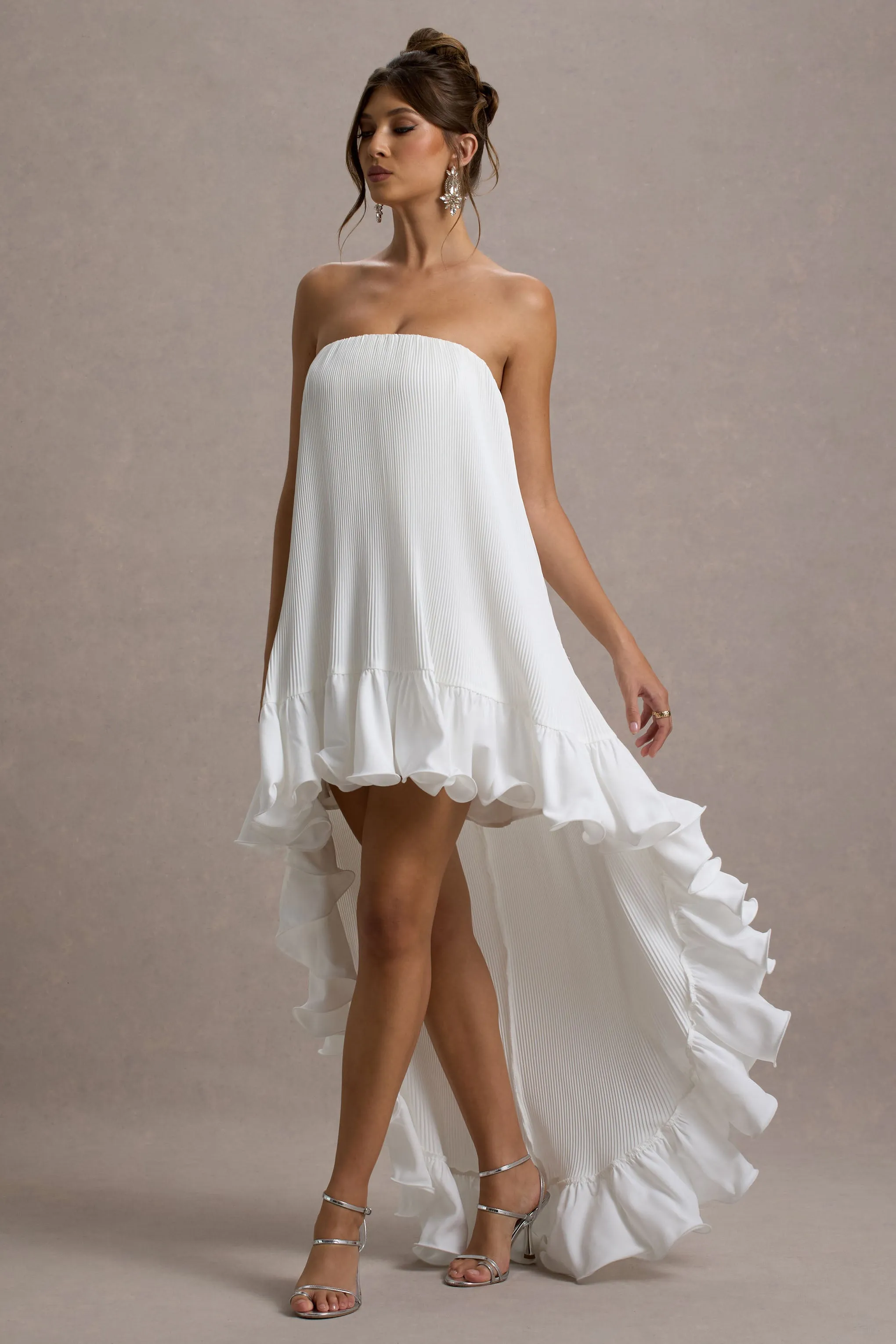 Whistler | White Chiffon Bandeau High-Low Ruffled Maxi Dress Club L London