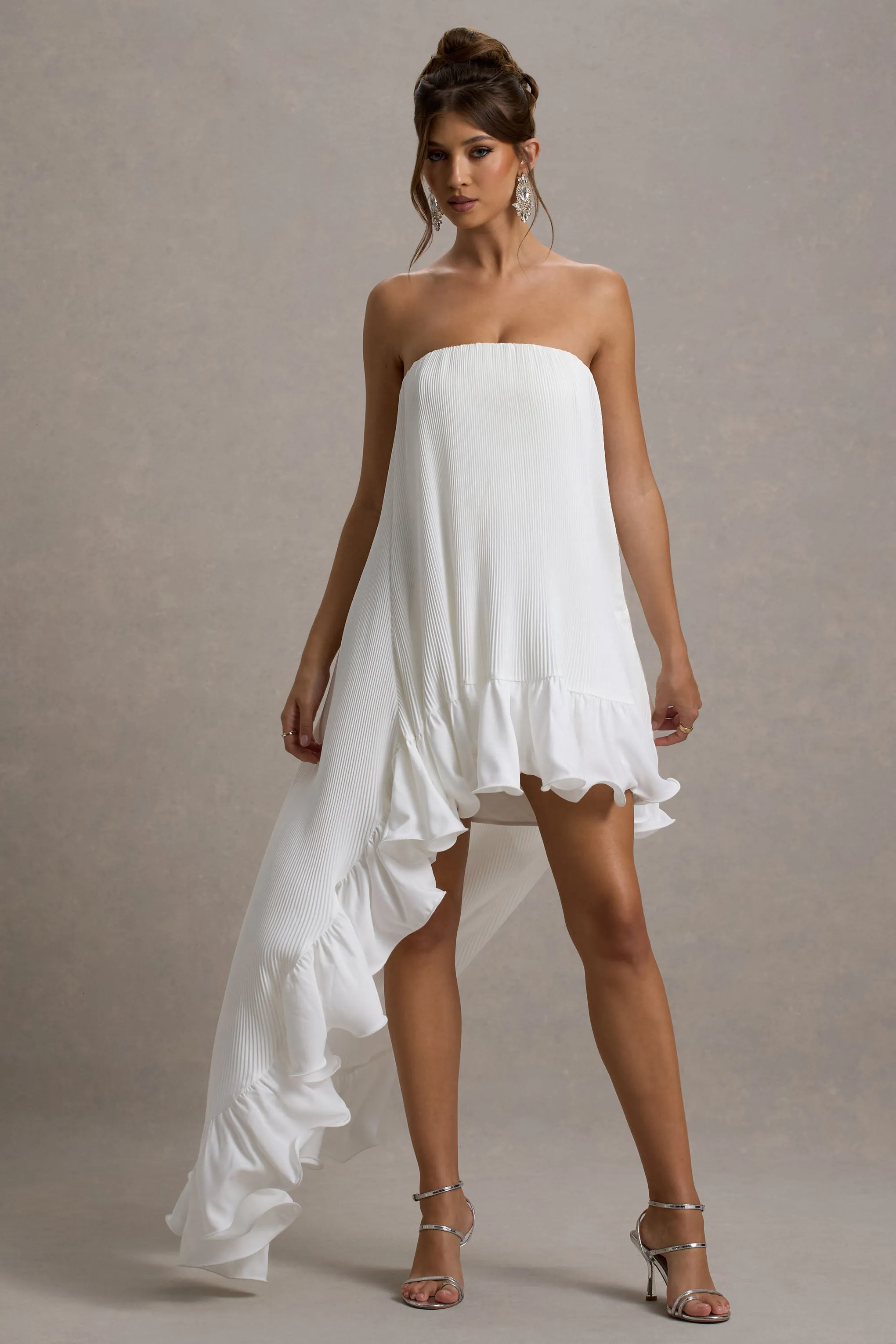 Whistler | White Chiffon Bandeau High-Low Ruffled Maxi Dress Club L London
