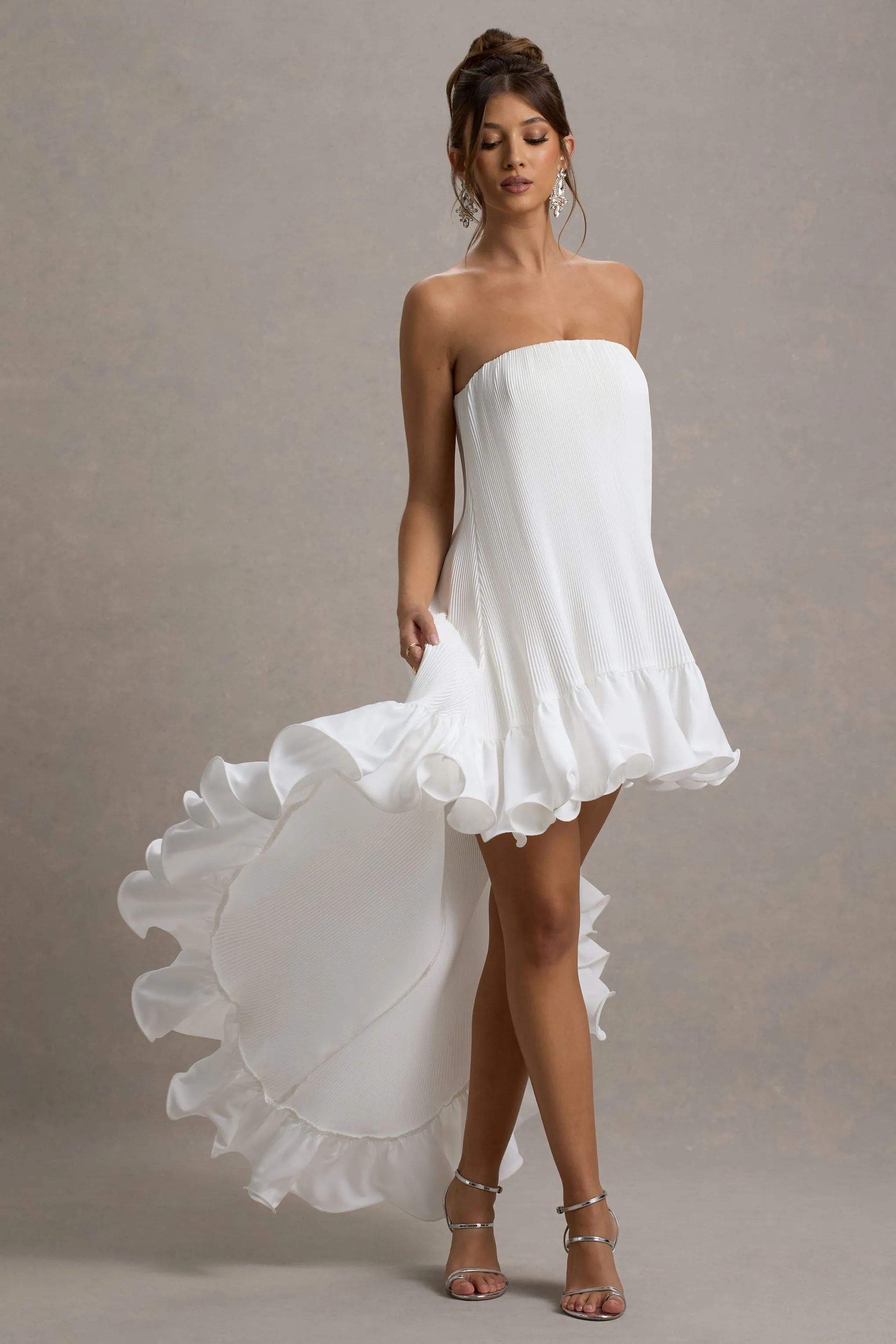 Whistler | White Chiffon Bandeau High-Low Ruffled Maxi Dress Club L London