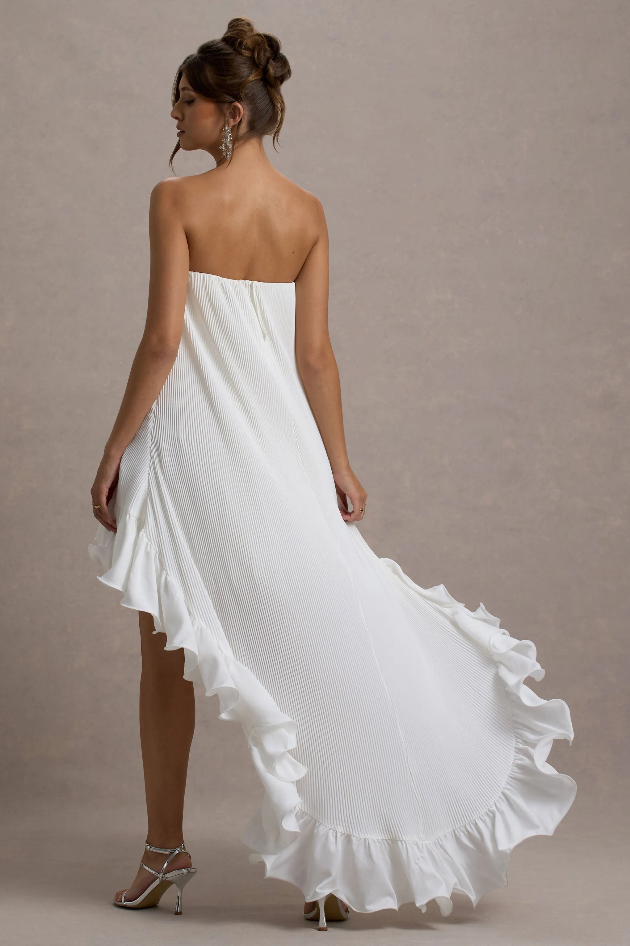 Whistler | White Chiffon Bandeau High-Low Ruffled Maxi Dress Club L London