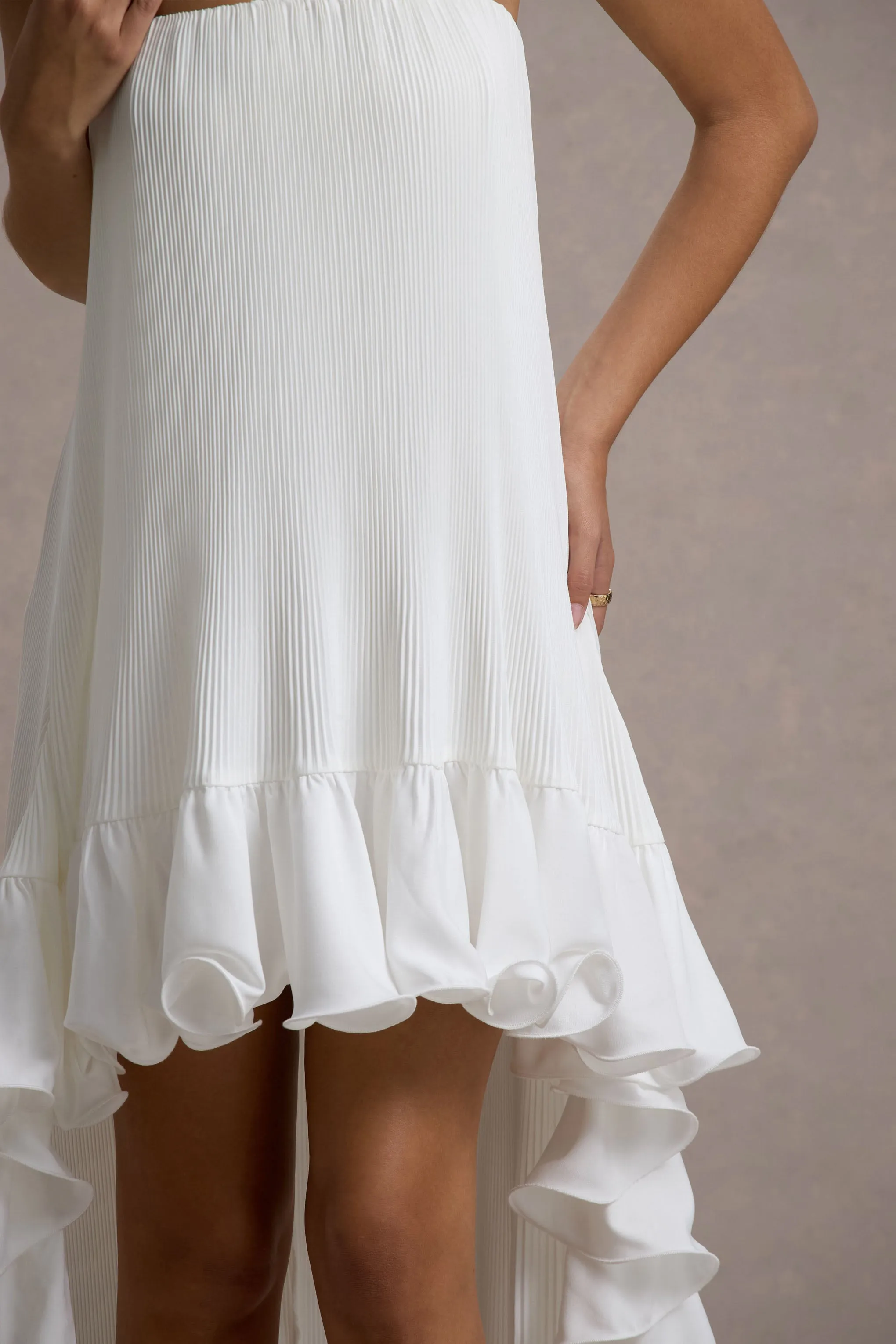 Whistler | White Chiffon Bandeau High-Low Ruffled Maxi Dress Club L London