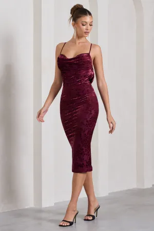 Whitney | Berry Velvet Floral Strappy Sweetheart Midi Dress Club L London