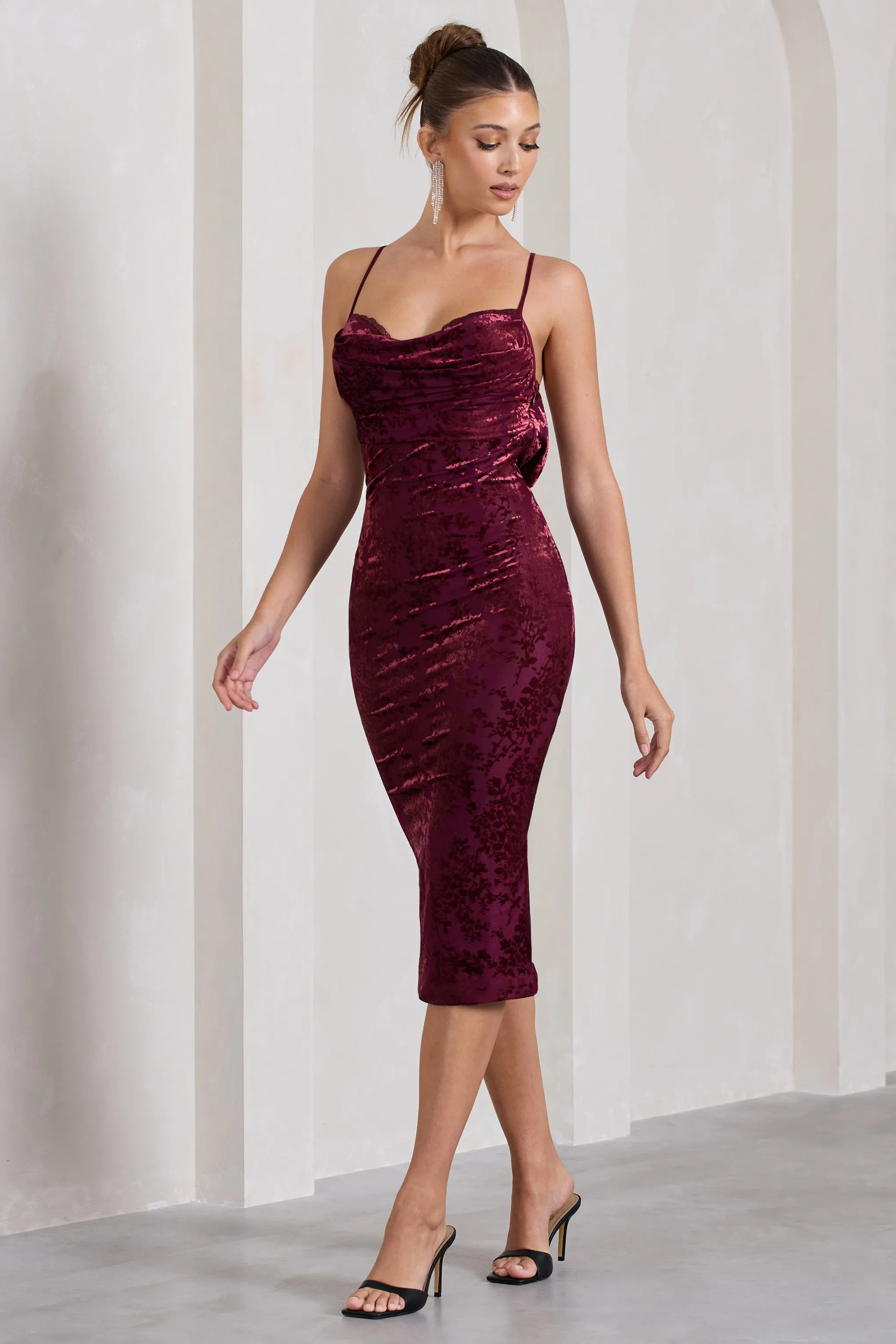 Whitney | Berry Velvet Floral Strappy Sweetheart Midi Dress Club L London