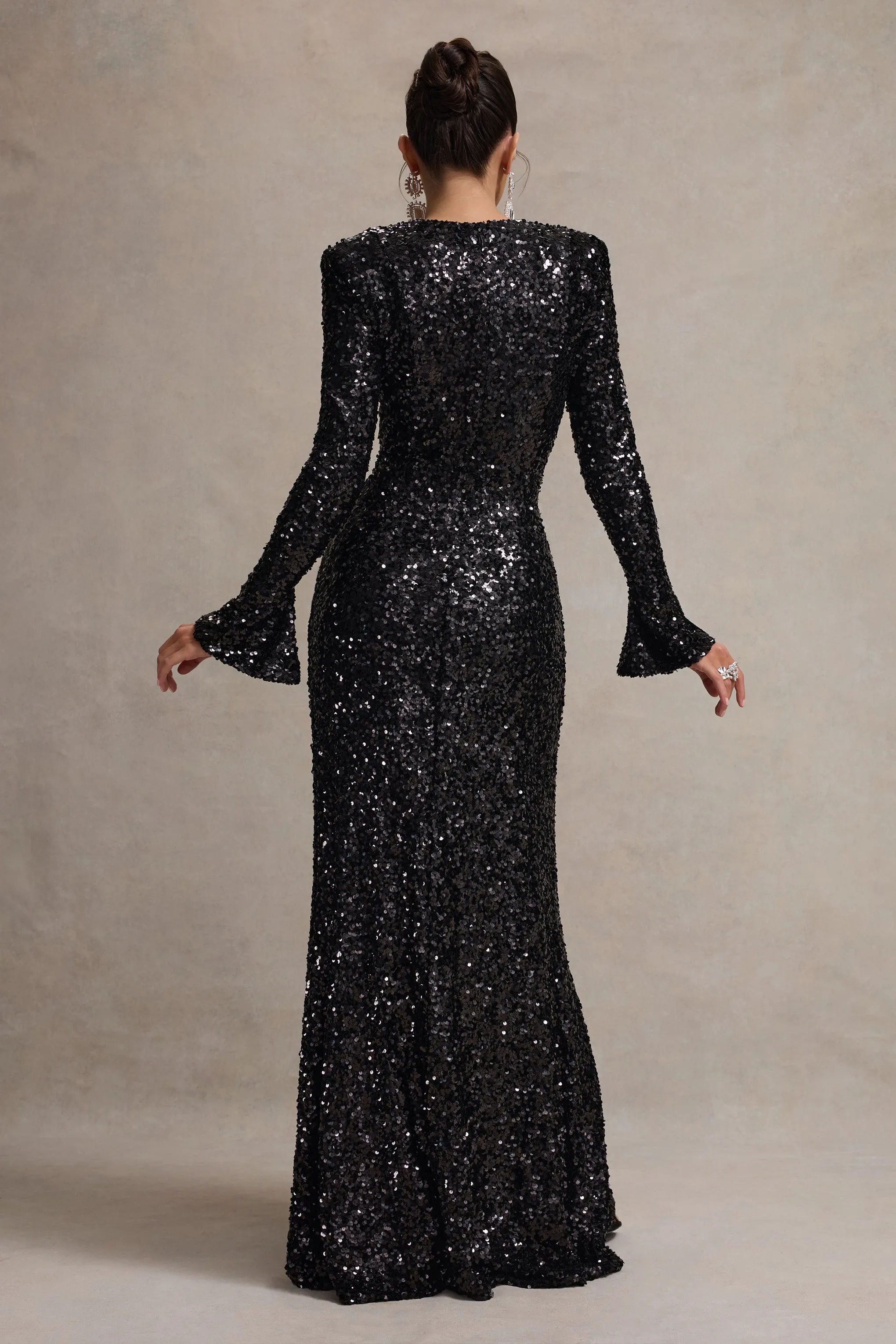 Wild Dream | Black Sequin Plunge-Neck Ruffle Split Maxi Dress Club L London