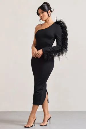 Wild One | Black One-Shoulder Bodycon Midi Dress With Feather-Trimmed Sleeve Club L London