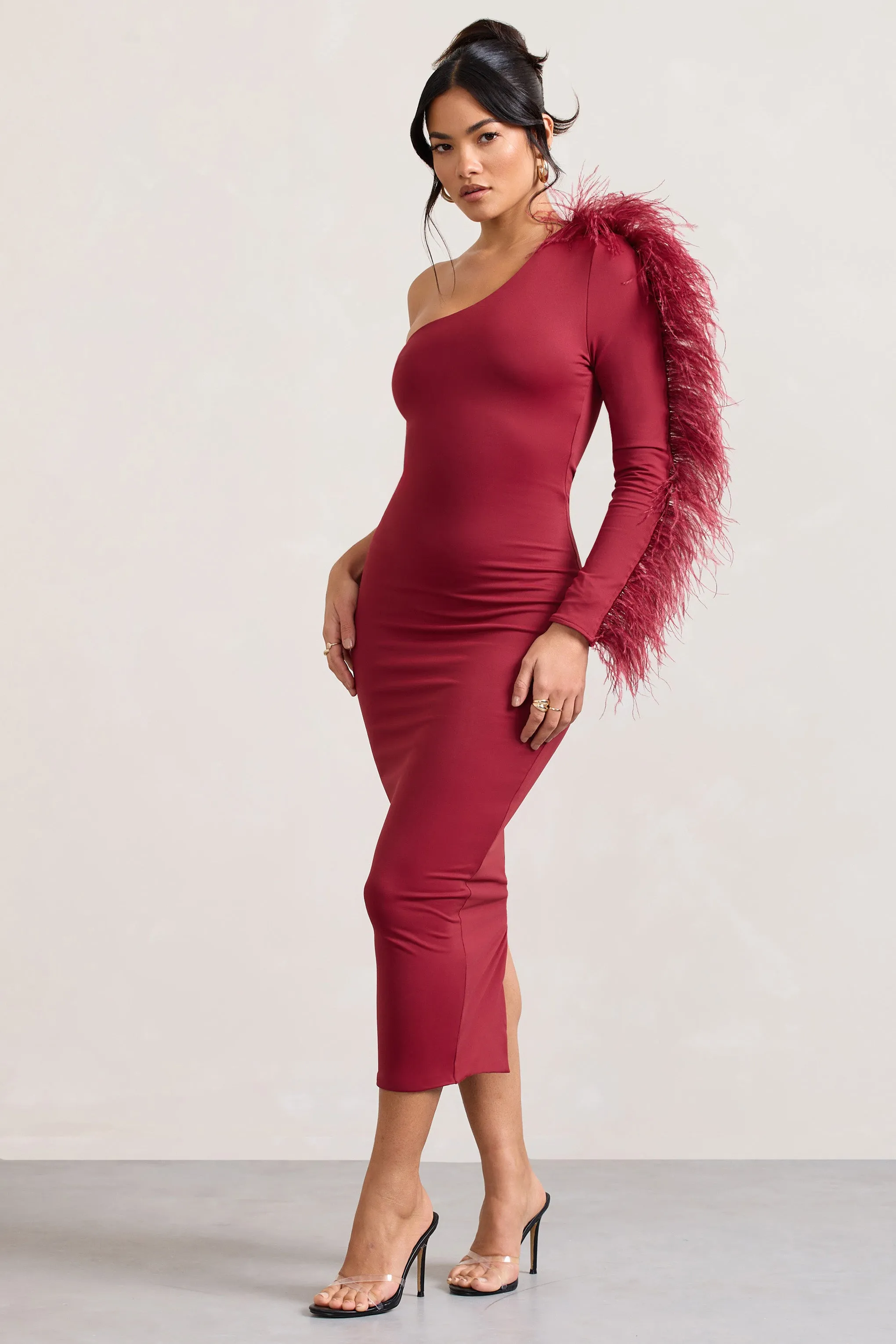 Wild One | Burgundy One-Shoulder Bodycon Midi Dress With Feather-Trimmed Sleeve Club L London