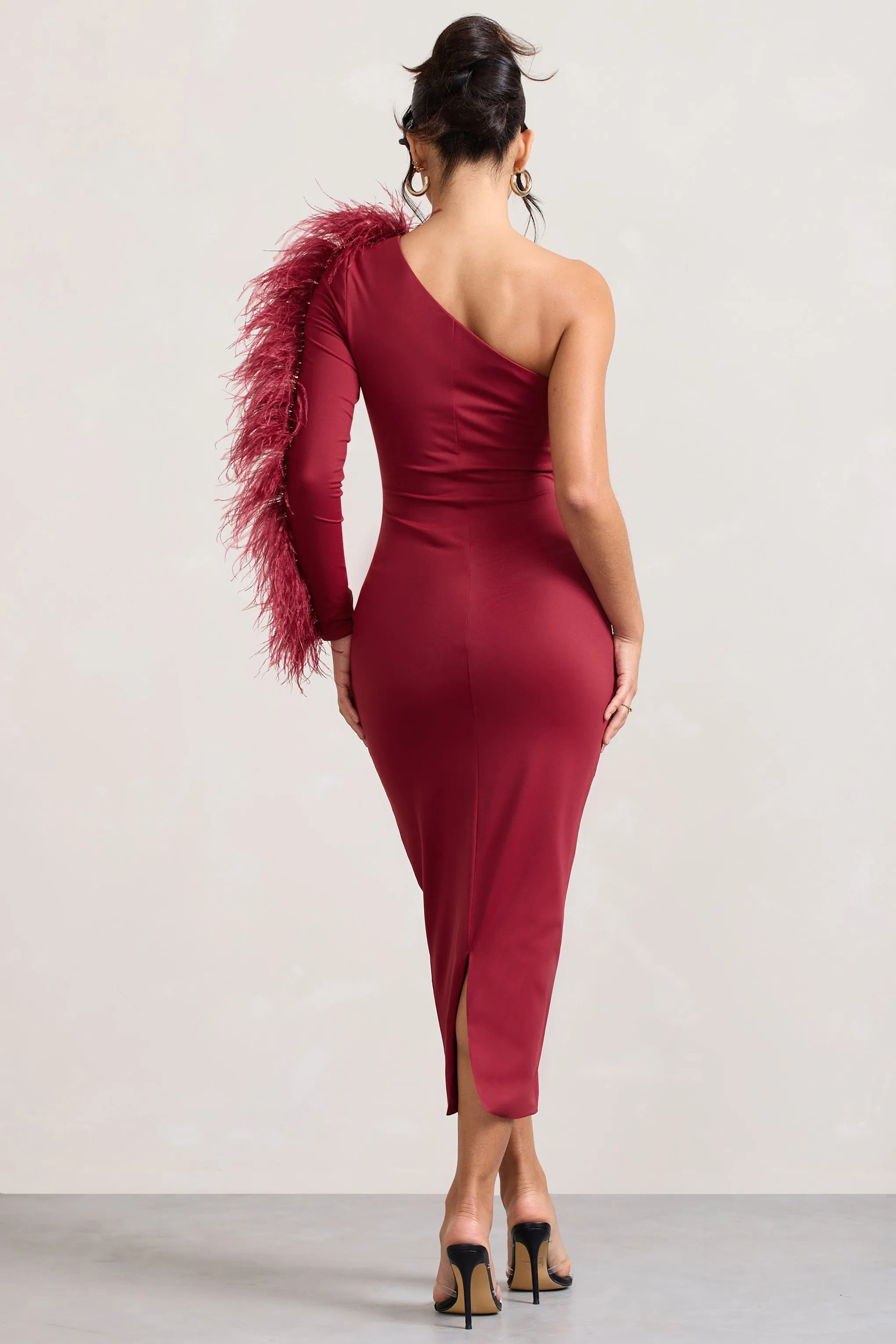 Wild One | Burgundy One-Shoulder Bodycon Midi Dress With Feather-Trimmed Sleeve Club L London