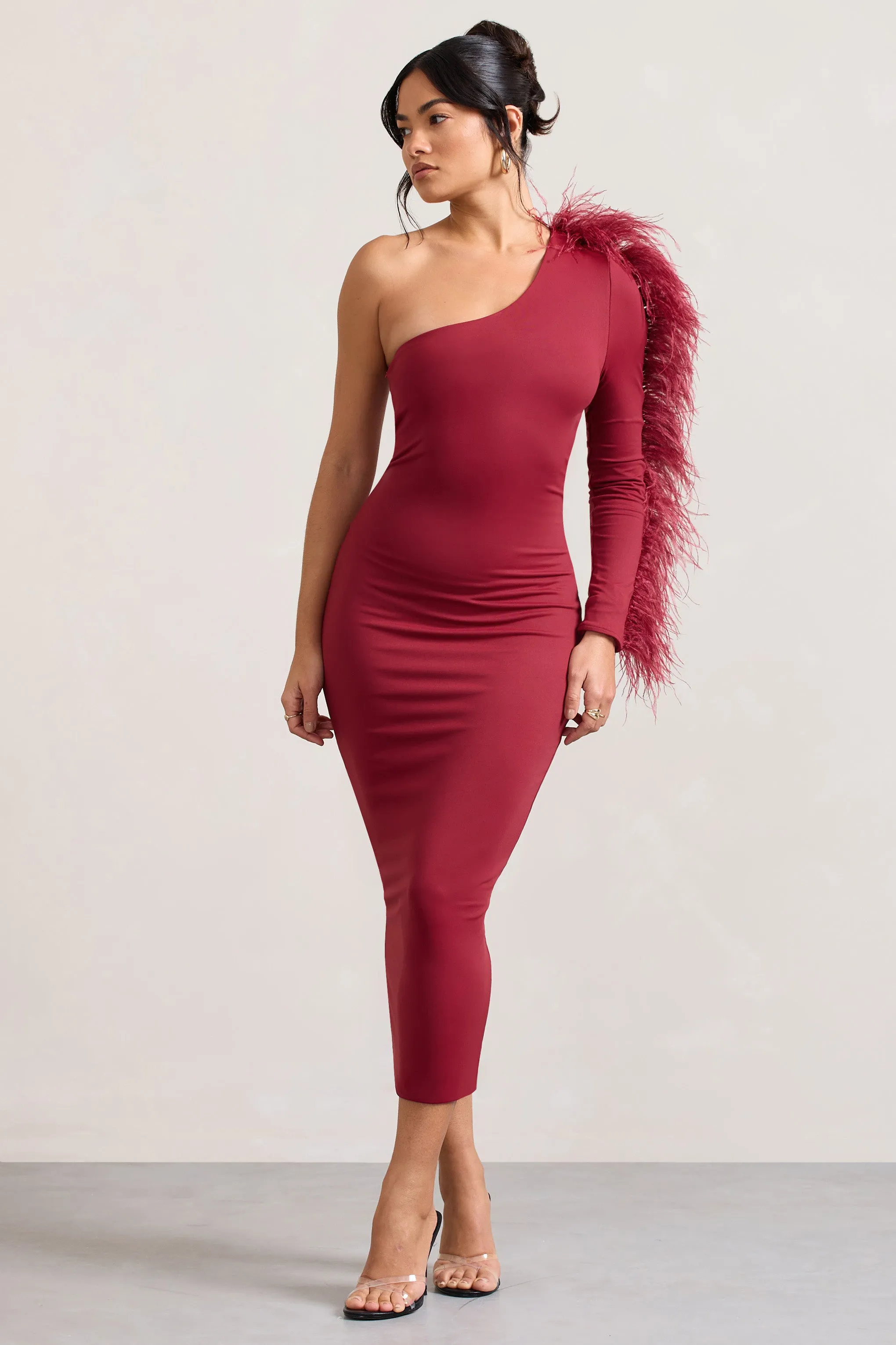 Wild One | Burgundy One-Shoulder Bodycon Midi Dress With Feather-Trimmed Sleeve Club L London