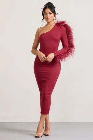 Wild One | Burgundy One-Shoulder Bodycon Midi Dress With Feather-Trimmed Sleeve Club L London