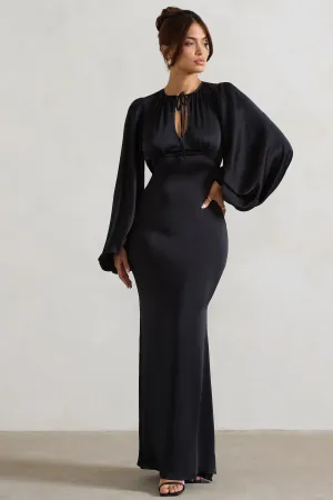 Wild Rose | Black Satin Puff-Sleeve Cut-Out Maxi Dress Club L London