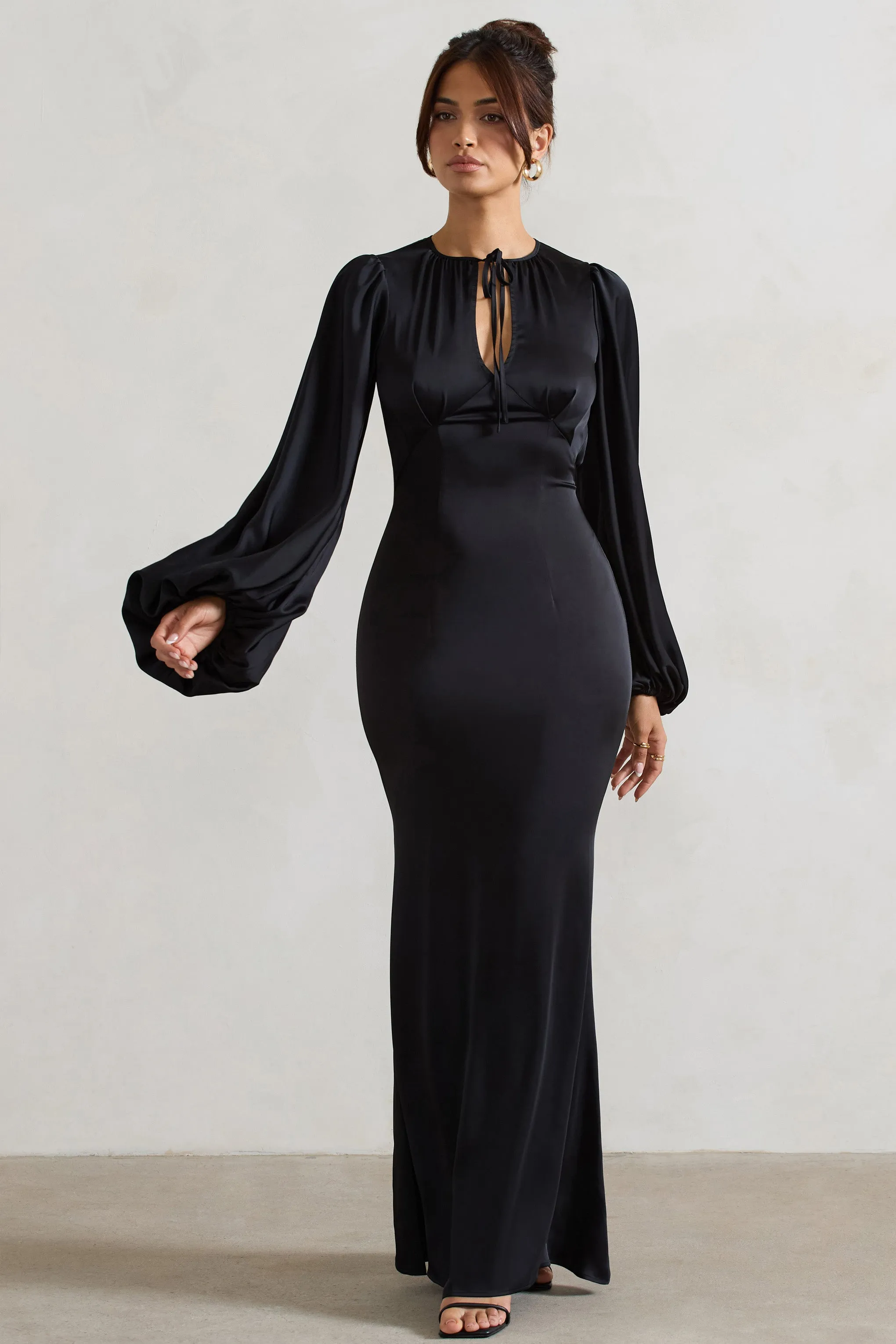 Wild Rose | Black Satin Puff-Sleeve Cut-Out Maxi Dress Club L London