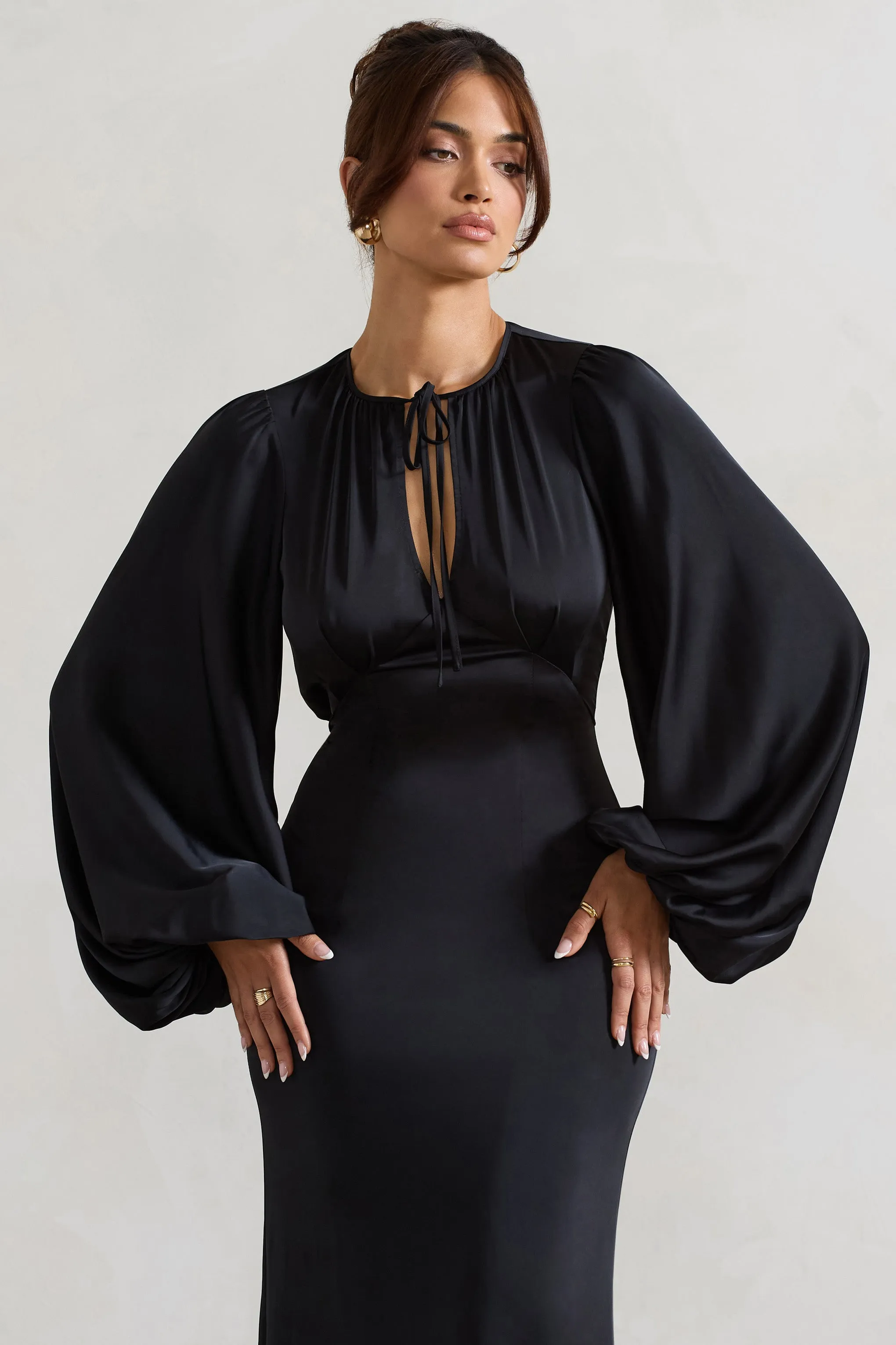 Wild Rose | Black Satin Puff-Sleeve Cut-Out Maxi Dress Club L London
