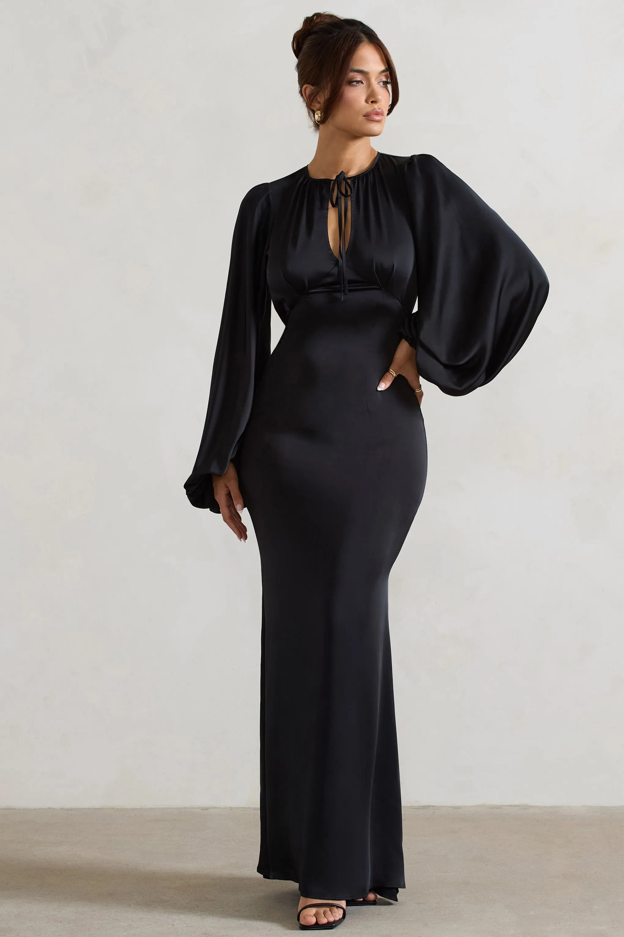 Wild Rose | Black Satin Puff-Sleeve Cut-Out Maxi Dress Club L London