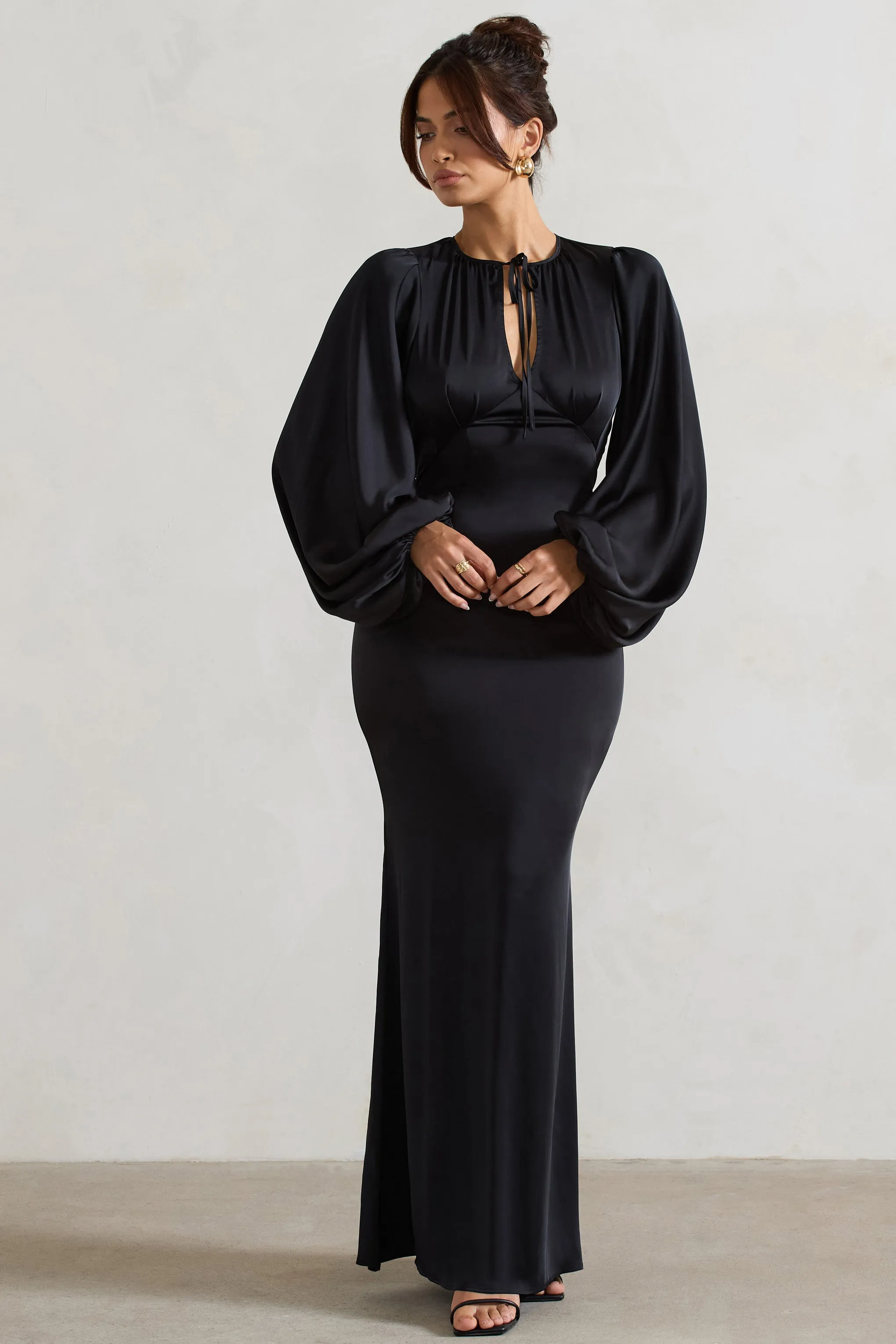 Wild Rose | Black Satin Puff-Sleeve Cut-Out Maxi Dress Club L London