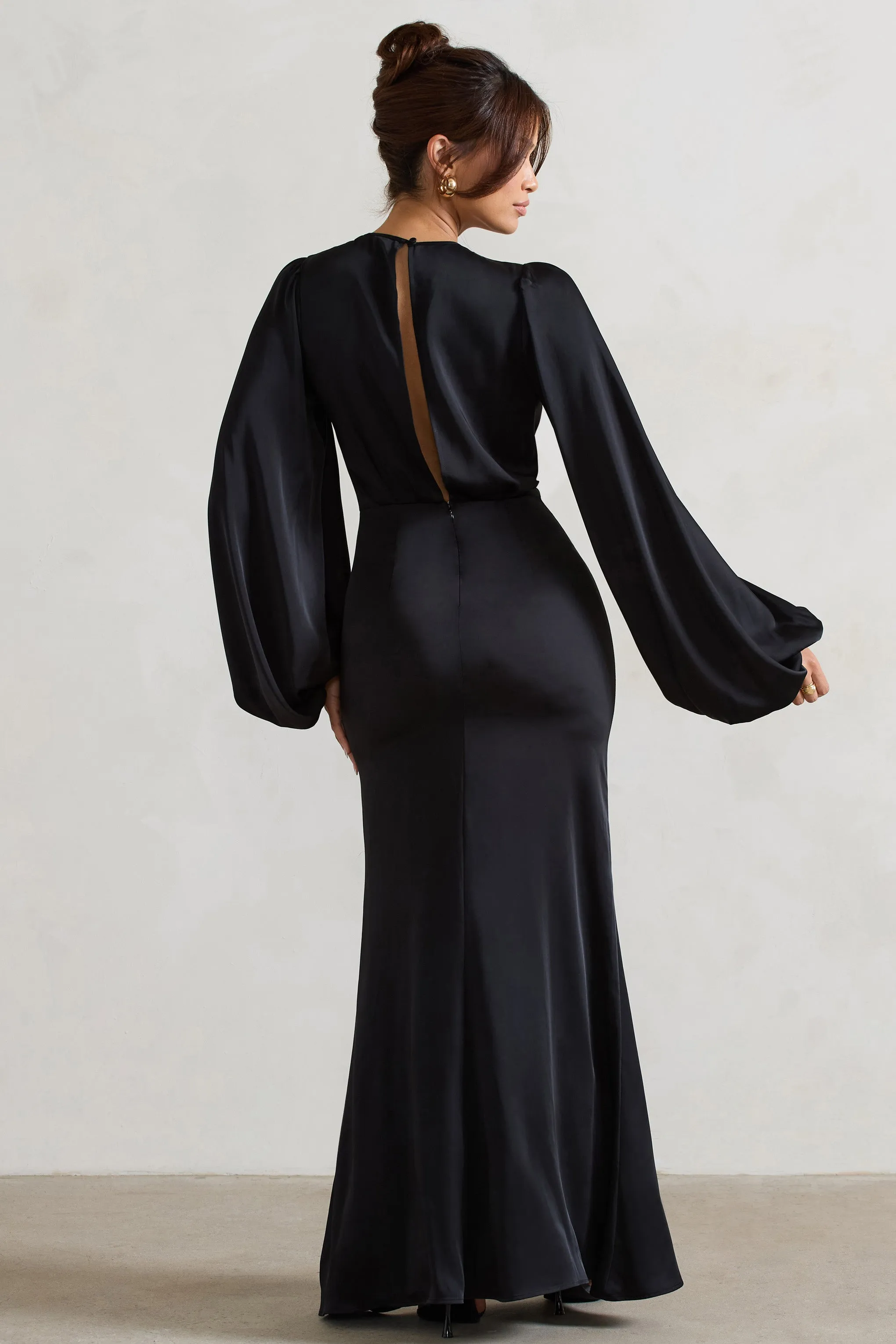 Wild Rose | Black Satin Puff-Sleeve Cut-Out Maxi Dress Club L London