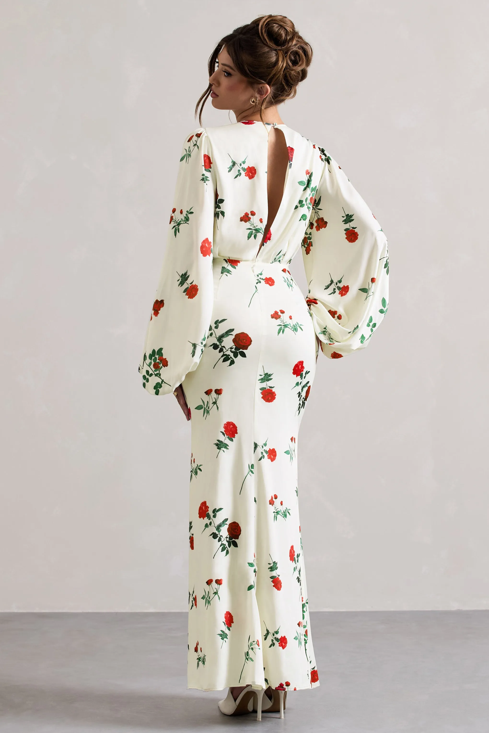 Wild Rose | Rose Print Satin Puff-Sleeve Cut-Out Maxi Dress Club L London