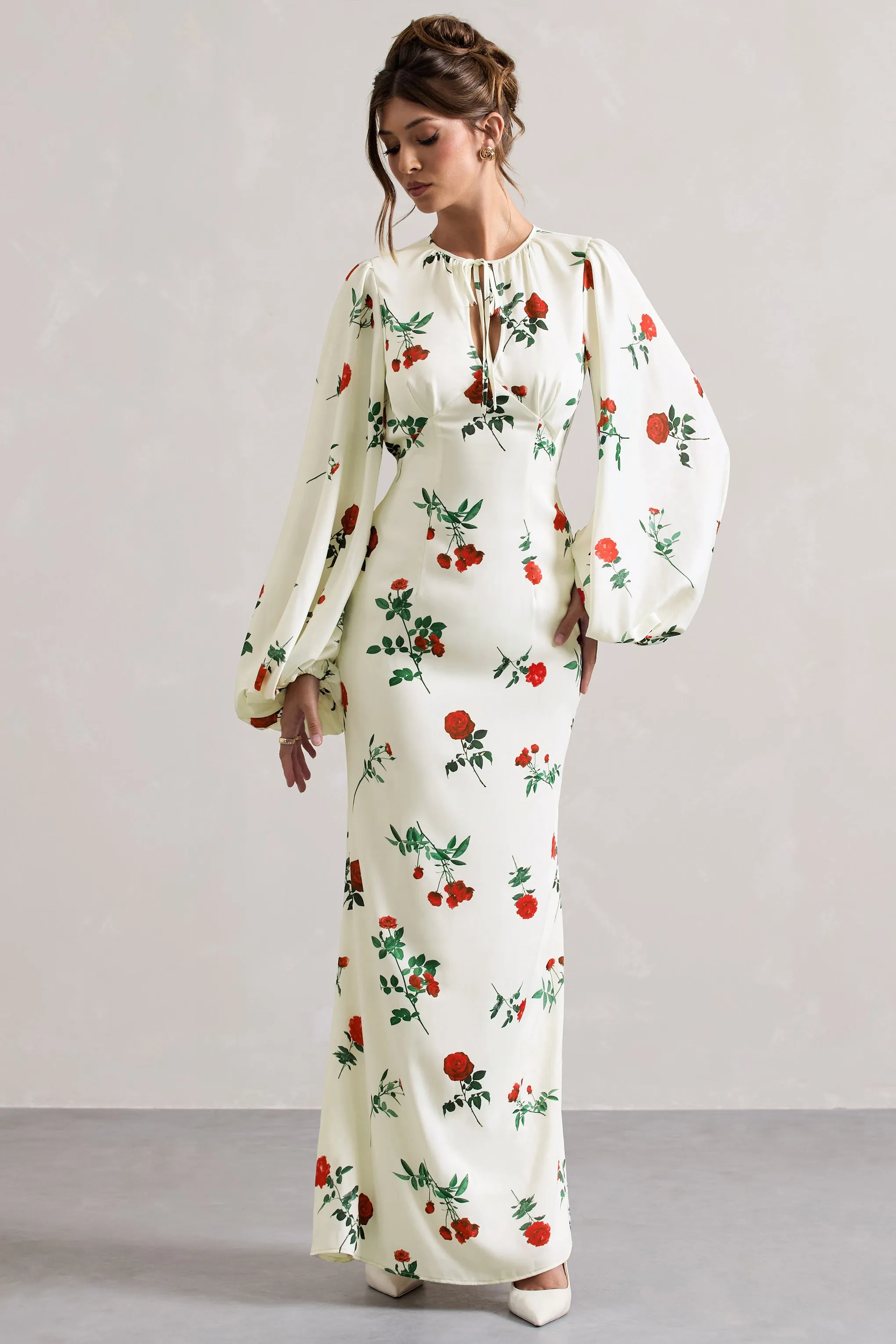 Wild Rose | Rose Print Satin Puff-Sleeve Cut-Out Maxi Dress Club L London