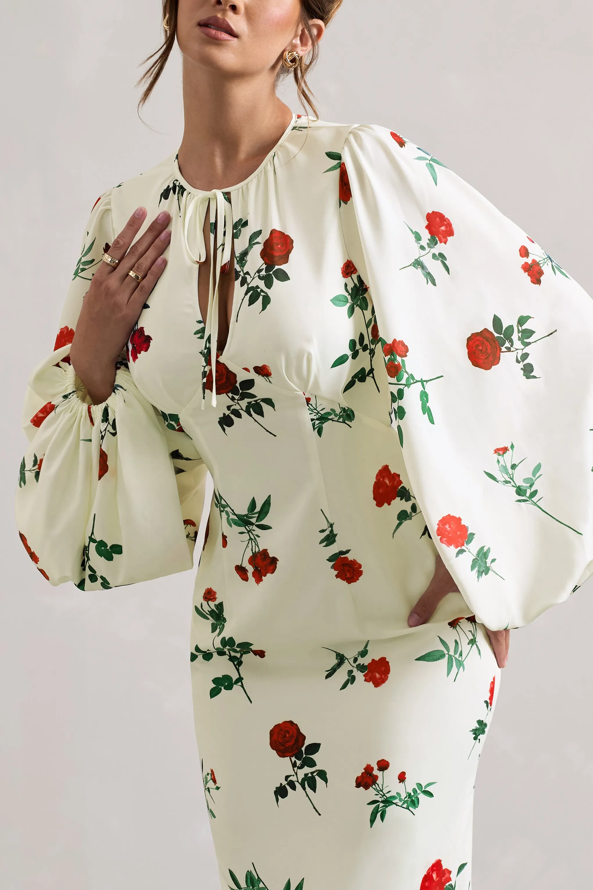 Wild Rose | Rose Print Satin Puff-Sleeve Cut-Out Maxi Dress Club L London