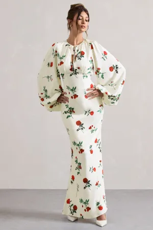 Wild Rose | Rose Print Satin Puff-Sleeve Cut-Out Maxi Dress Club L London