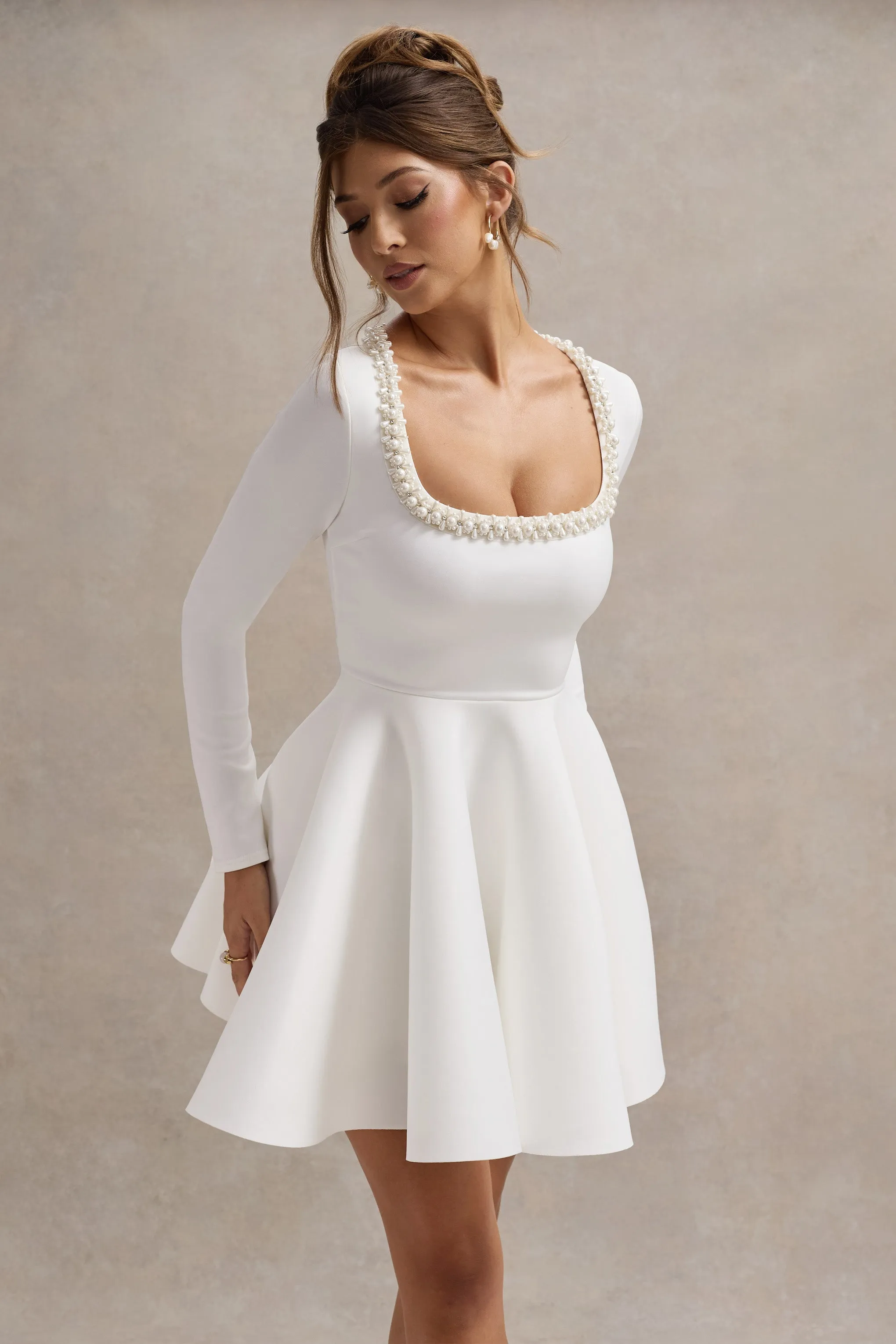 Wilder | White Square-Neck Long-Sleeve Skater Mini Dress Club L London