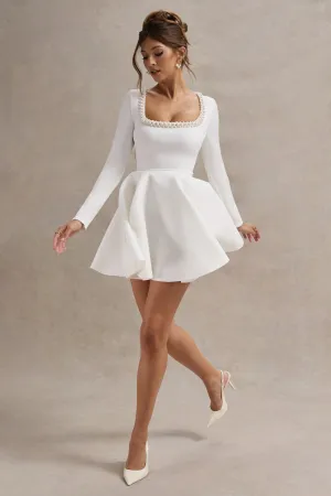 Wilder | White Square-Neck Long-Sleeve Skater Mini Dress Club L London