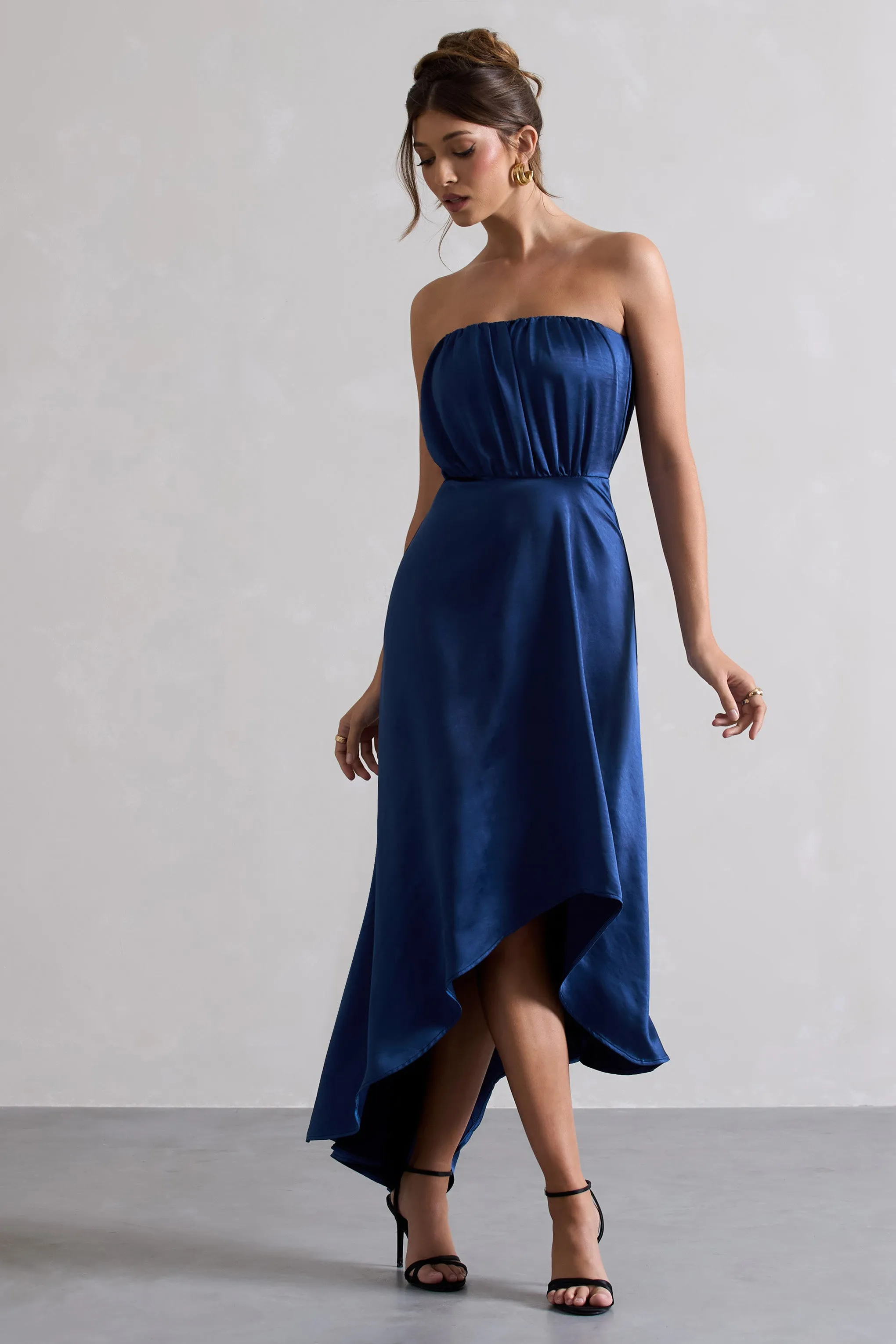 Willa | Navy Satin Bandeau Maxi Dress With Asymmetric Hem Club L London