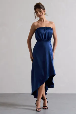 Willa | Navy Satin Bandeau Maxi Dress With Asymmetric Hem Club L London
