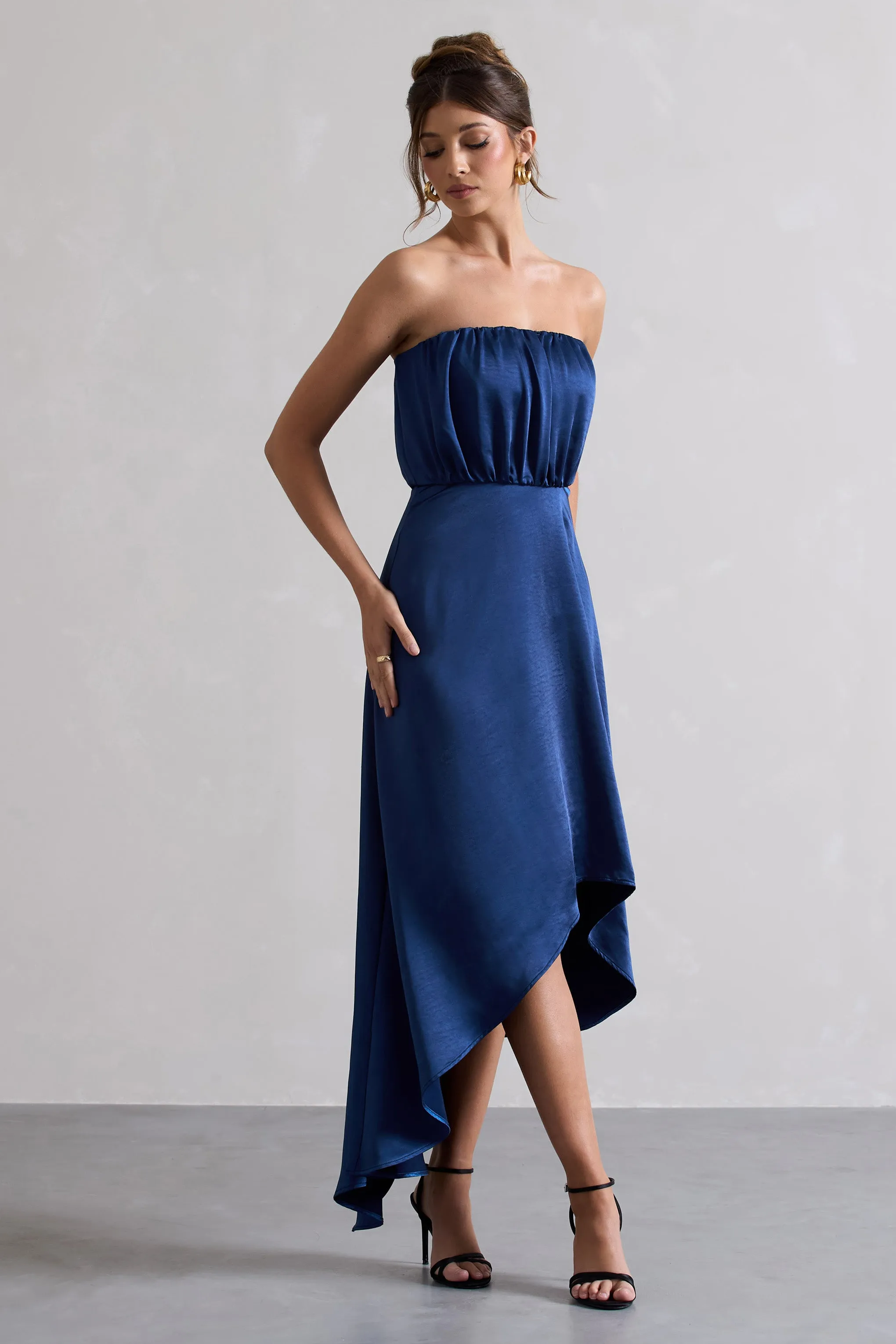Willa | Navy Satin Bandeau Maxi Dress With Asymmetric Hem Club L London