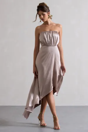 Willa | Taupe Satin Bandeau Maxi Dress With Asymmetric Hem Club L London