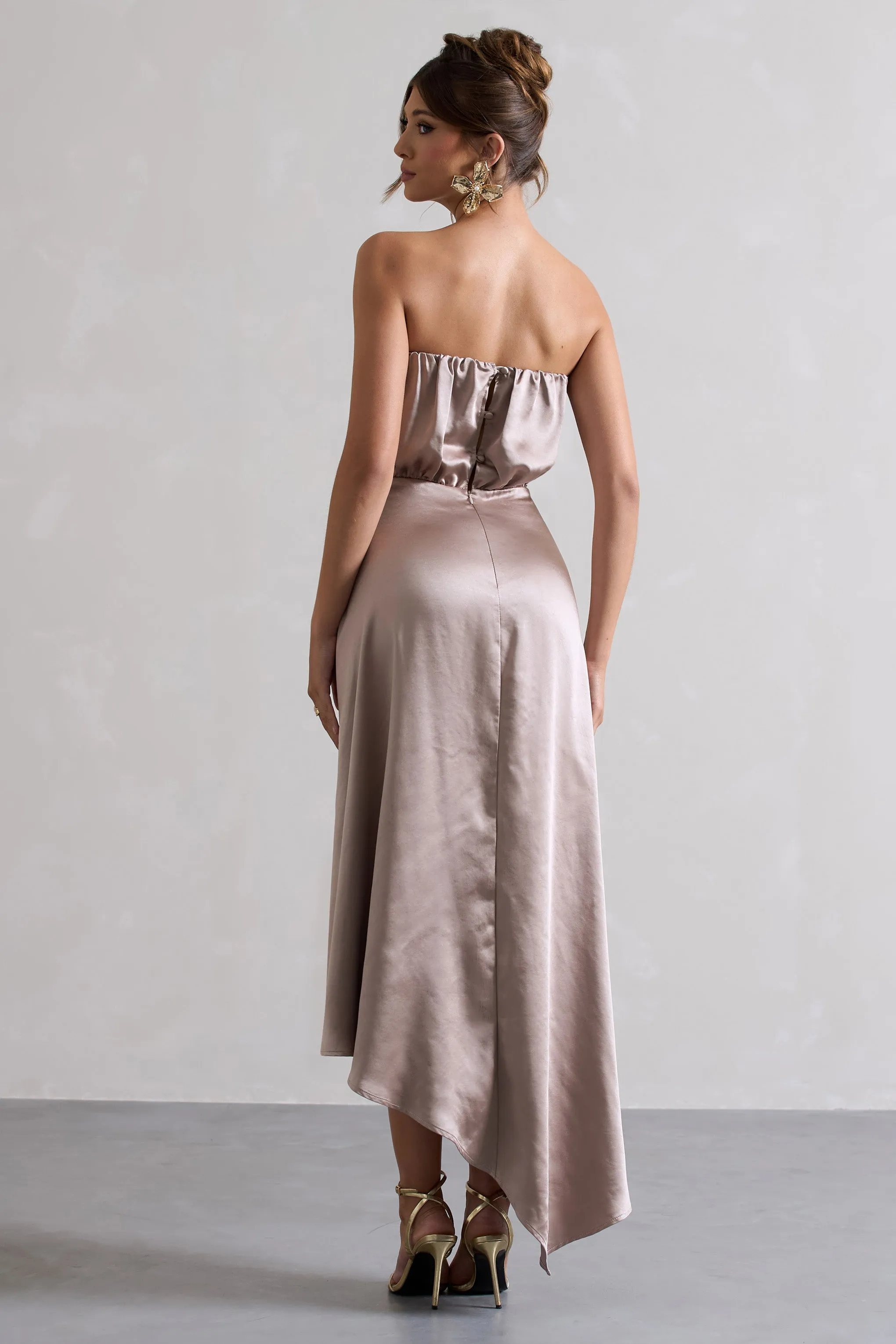 Willa | Taupe Satin Bandeau Maxi Dress With Asymmetric Hem Club L London