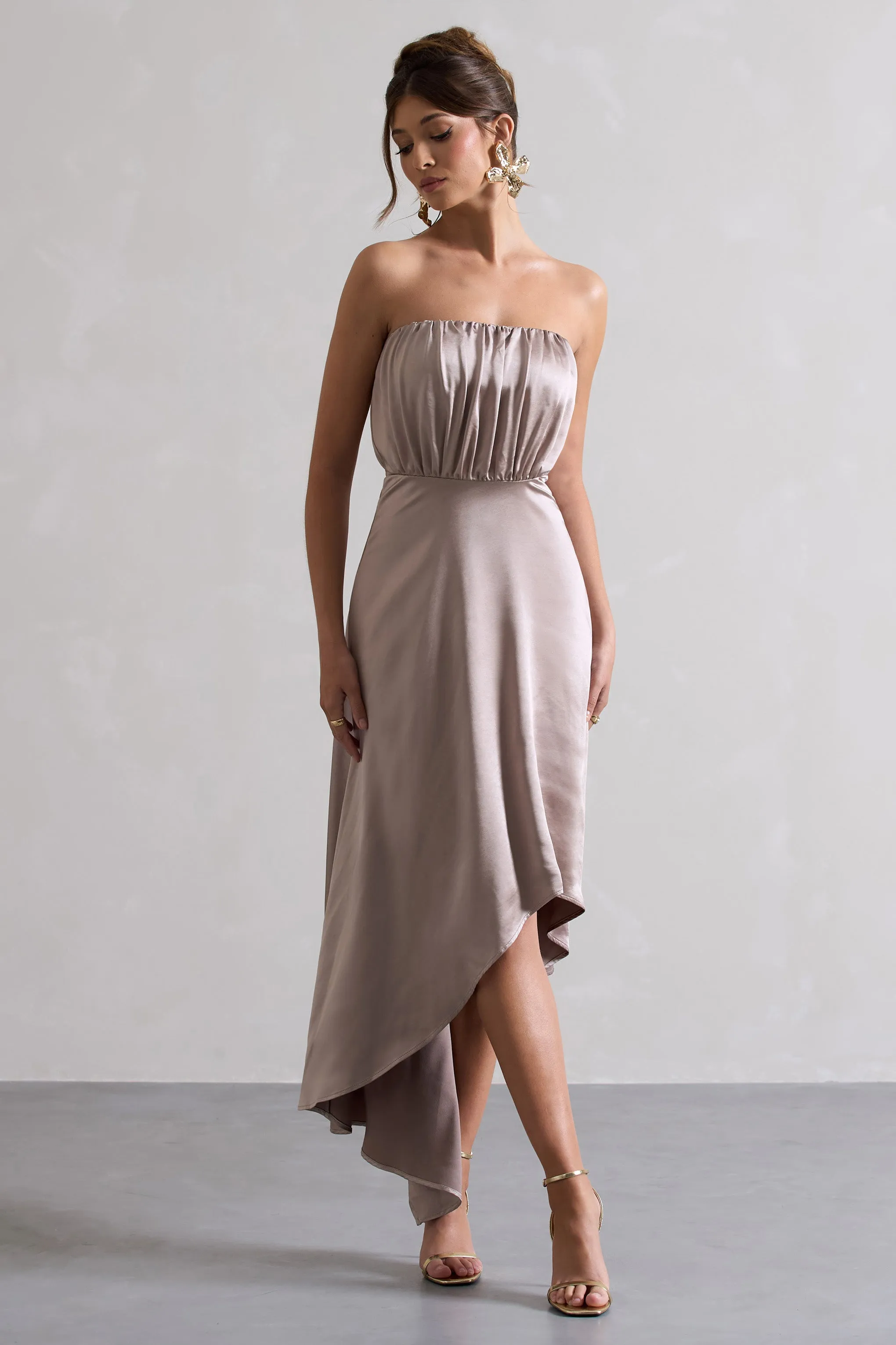 Willa | Taupe Satin Bandeau Maxi Dress With Asymmetric Hem Club L London