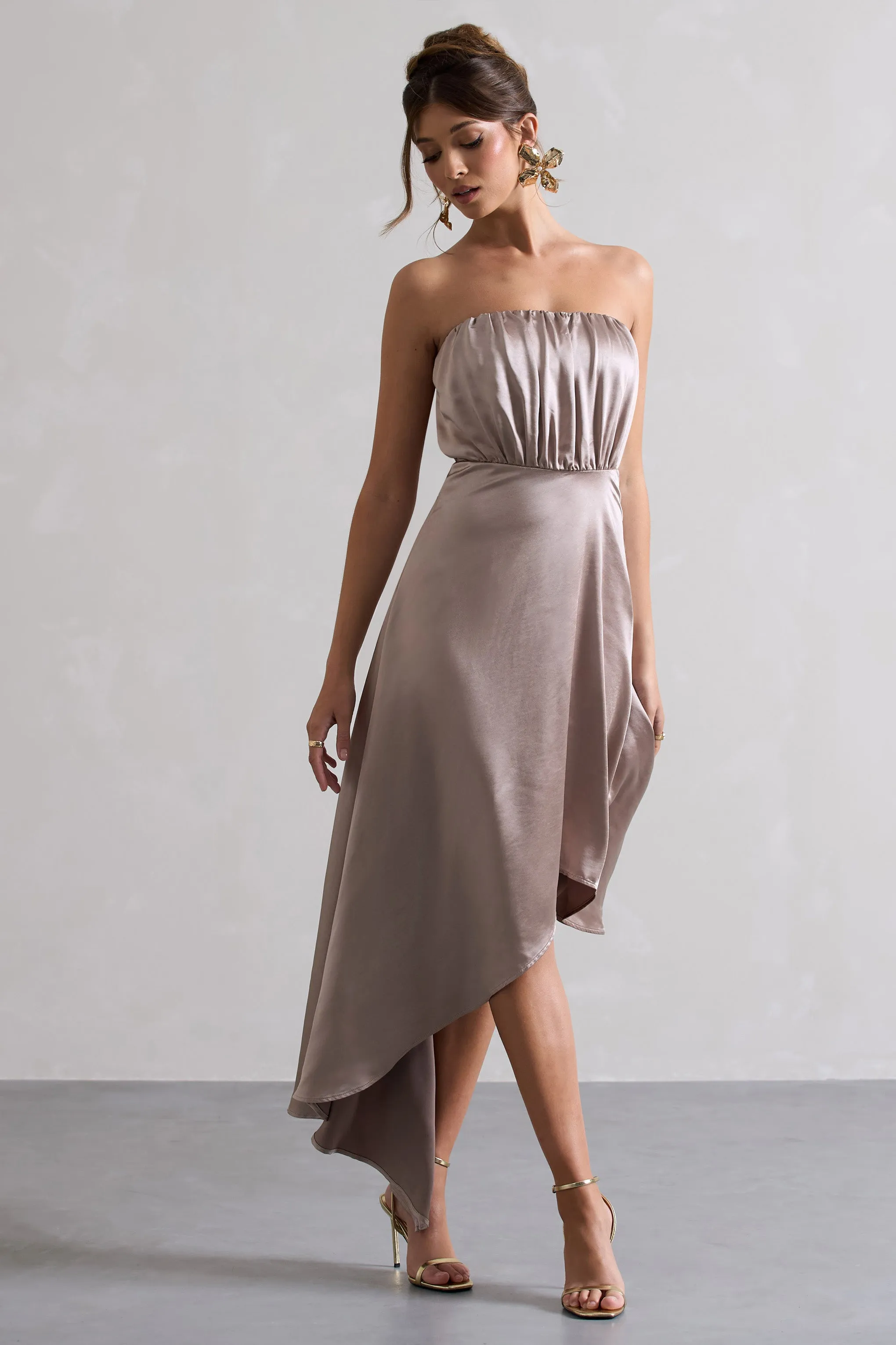 Willa | Taupe Satin Bandeau Maxi Dress With Asymmetric Hem Club L London