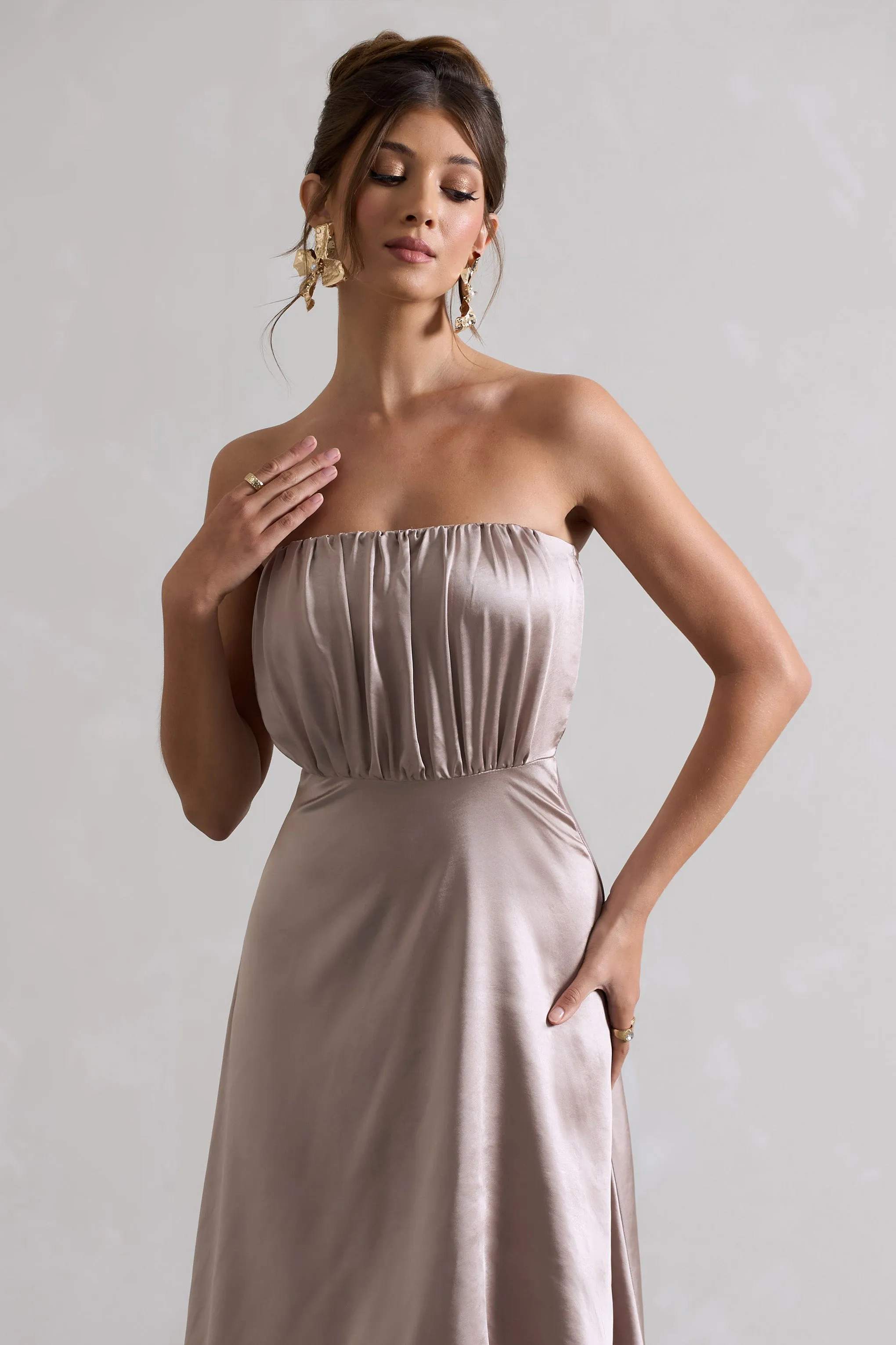Willa | Taupe Satin Bandeau Maxi Dress With Asymmetric Hem Club L London
