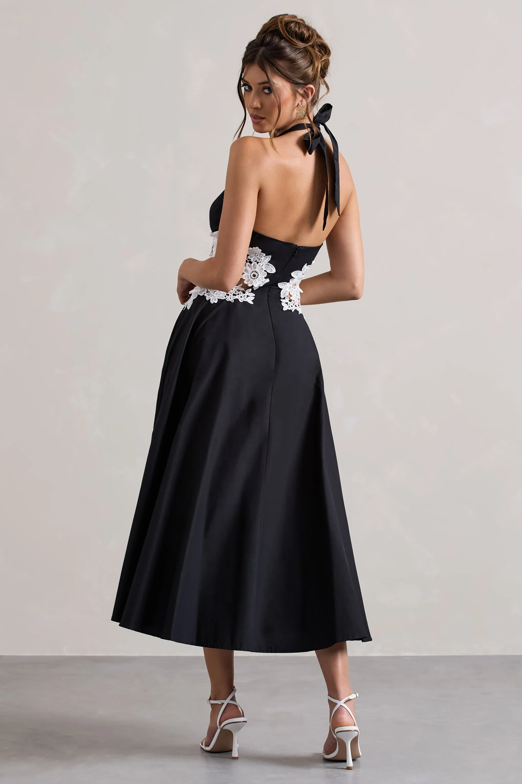 Windermere | Black Plunge Midi Dress With Floral Cut-Out Club L London