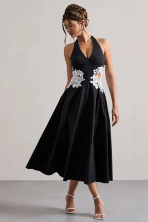 Windermere | Black Plunge Midi Dress With Floral Cut-Out Club L London