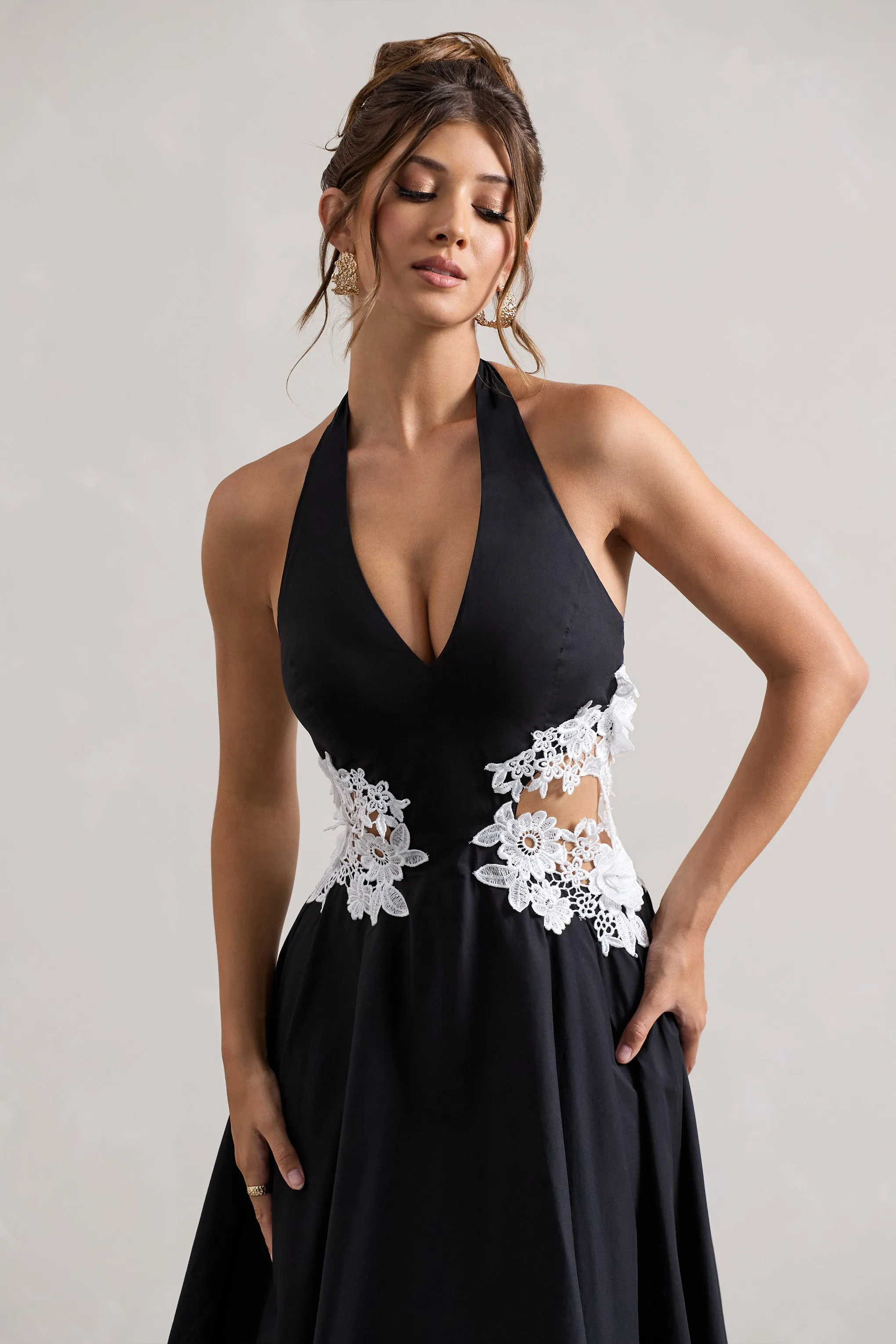 Windermere | Black Plunge Midi Dress With Floral Cut-Out Club L London