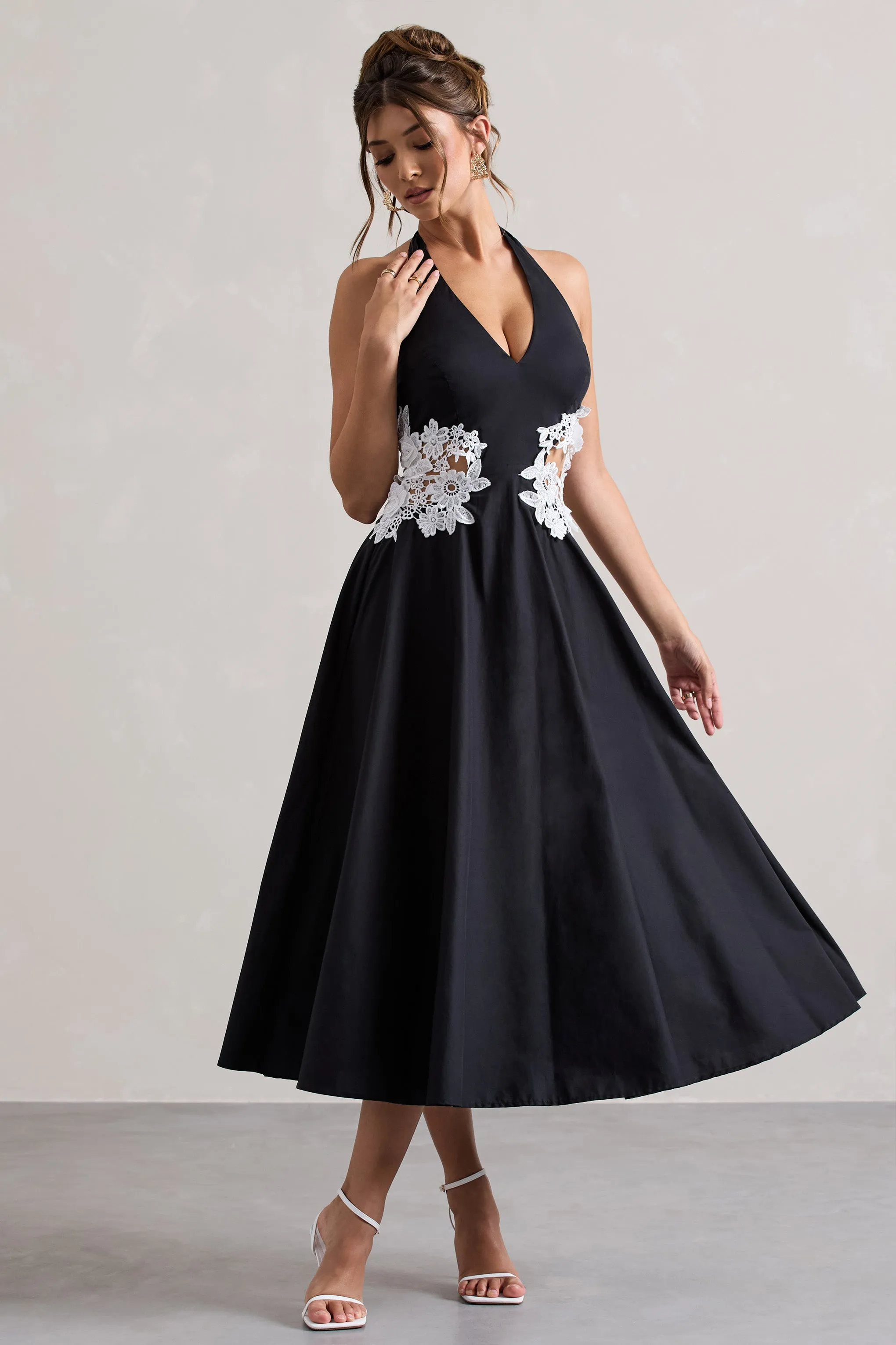 Windermere | Black Plunge Midi Dress With Floral Cut-Out Club L London