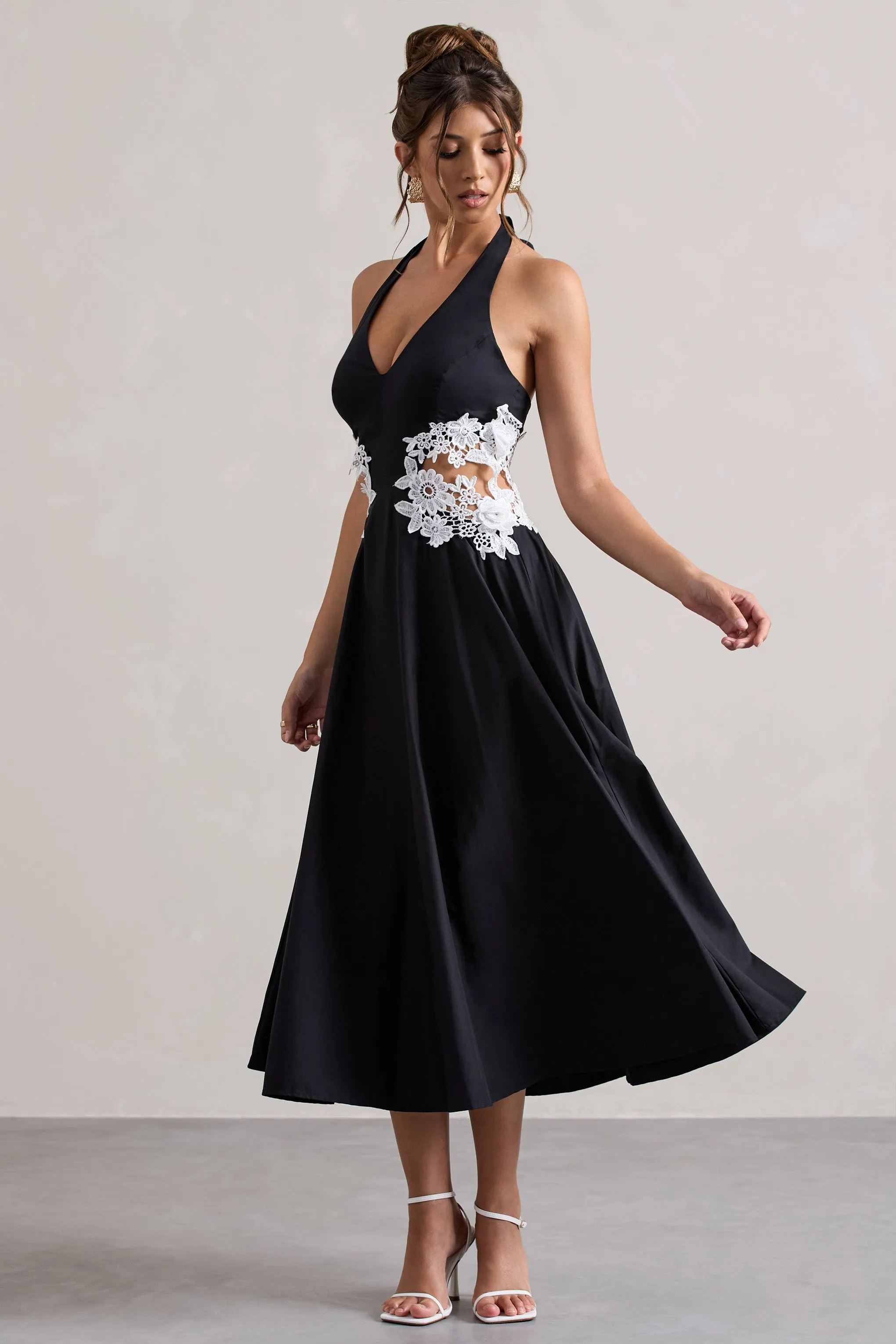 Windermere | Black Plunge Midi Dress With Floral Cut-Out Club L London