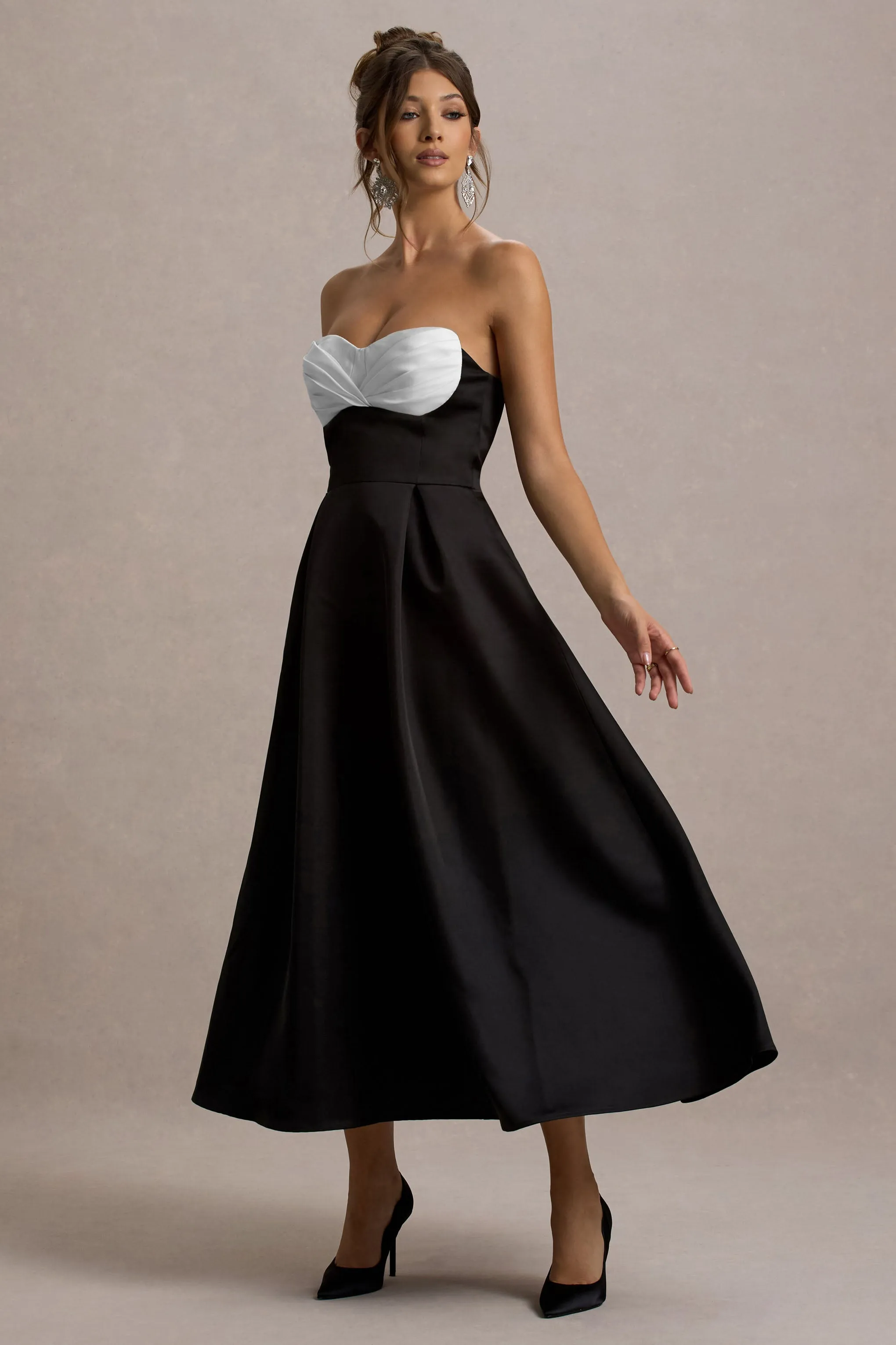 Wintour | Black Satin Sweetheart Midi Dress Club L London